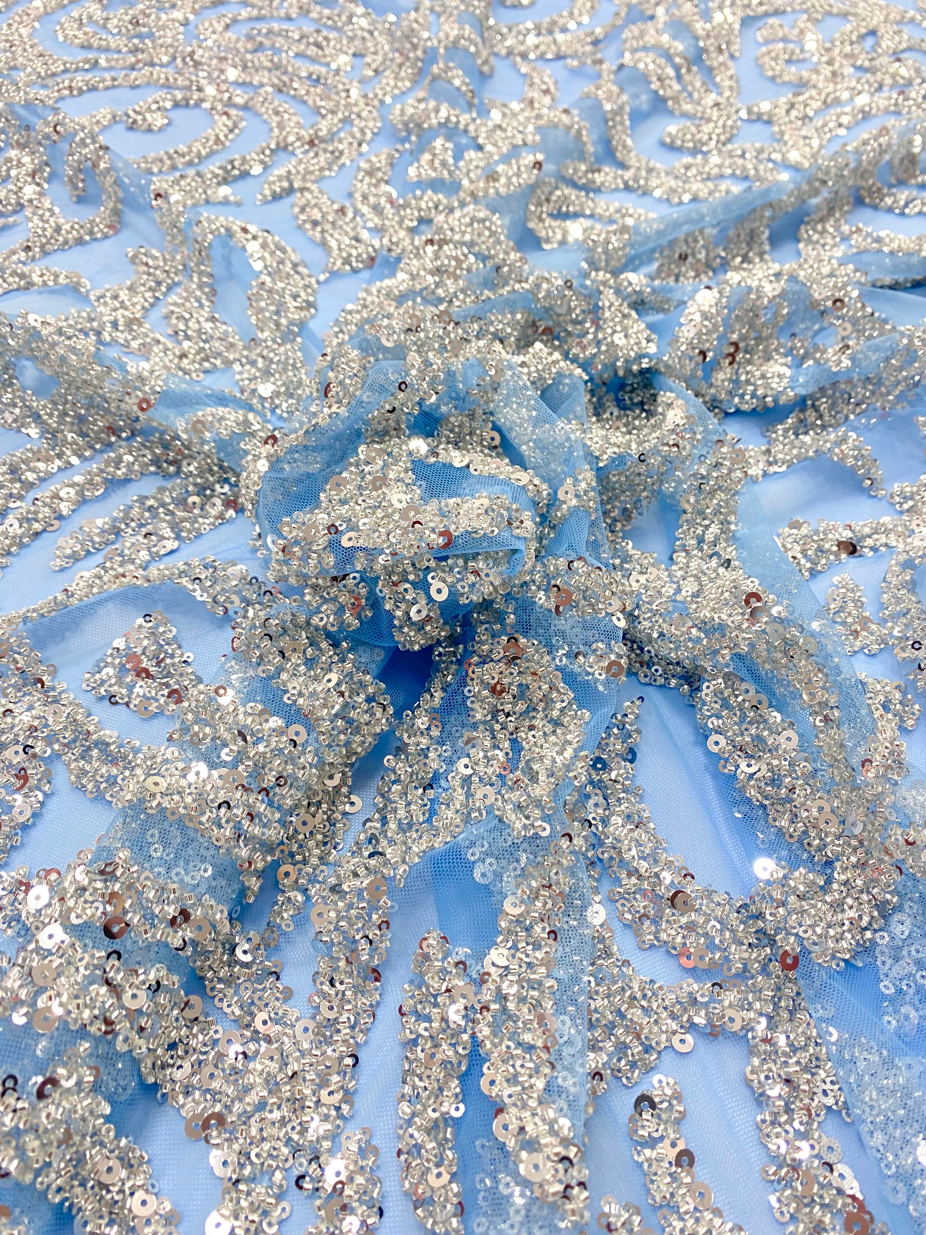 Silver Couture Lace on Blue Tulle, with Symmetrical Pattern, with Beads and Sequins 