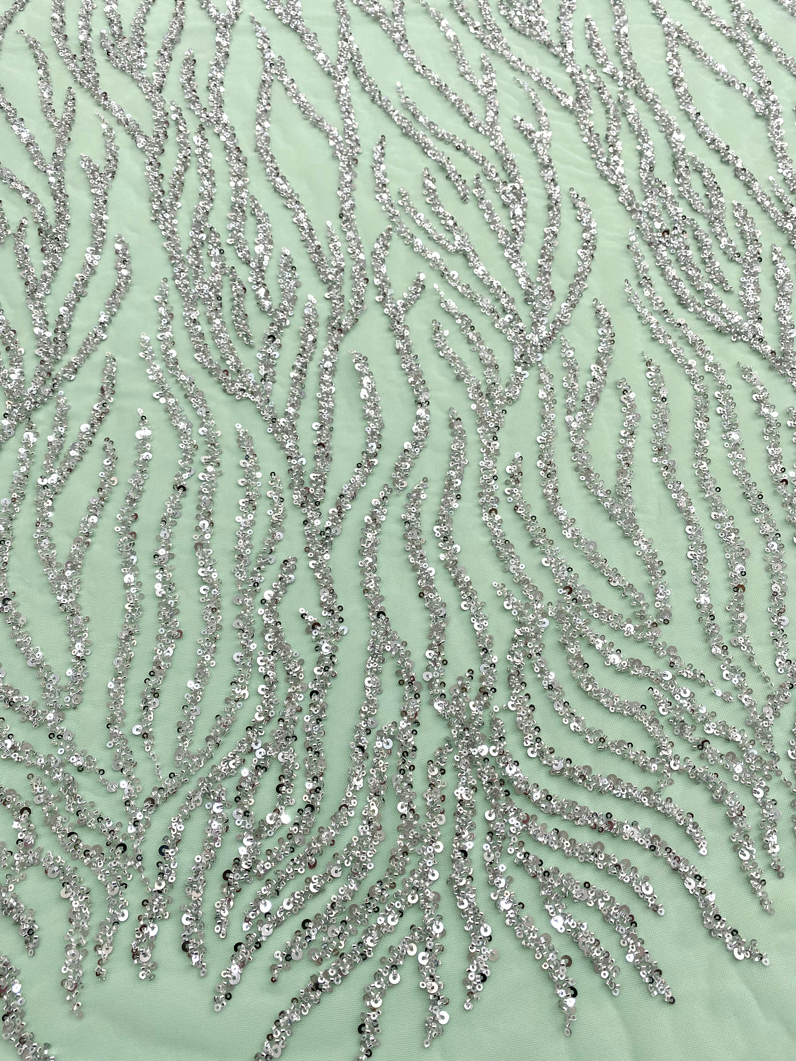 Silver Couture Lace on Mint Green Tulle with Strings, Beads and Sequins