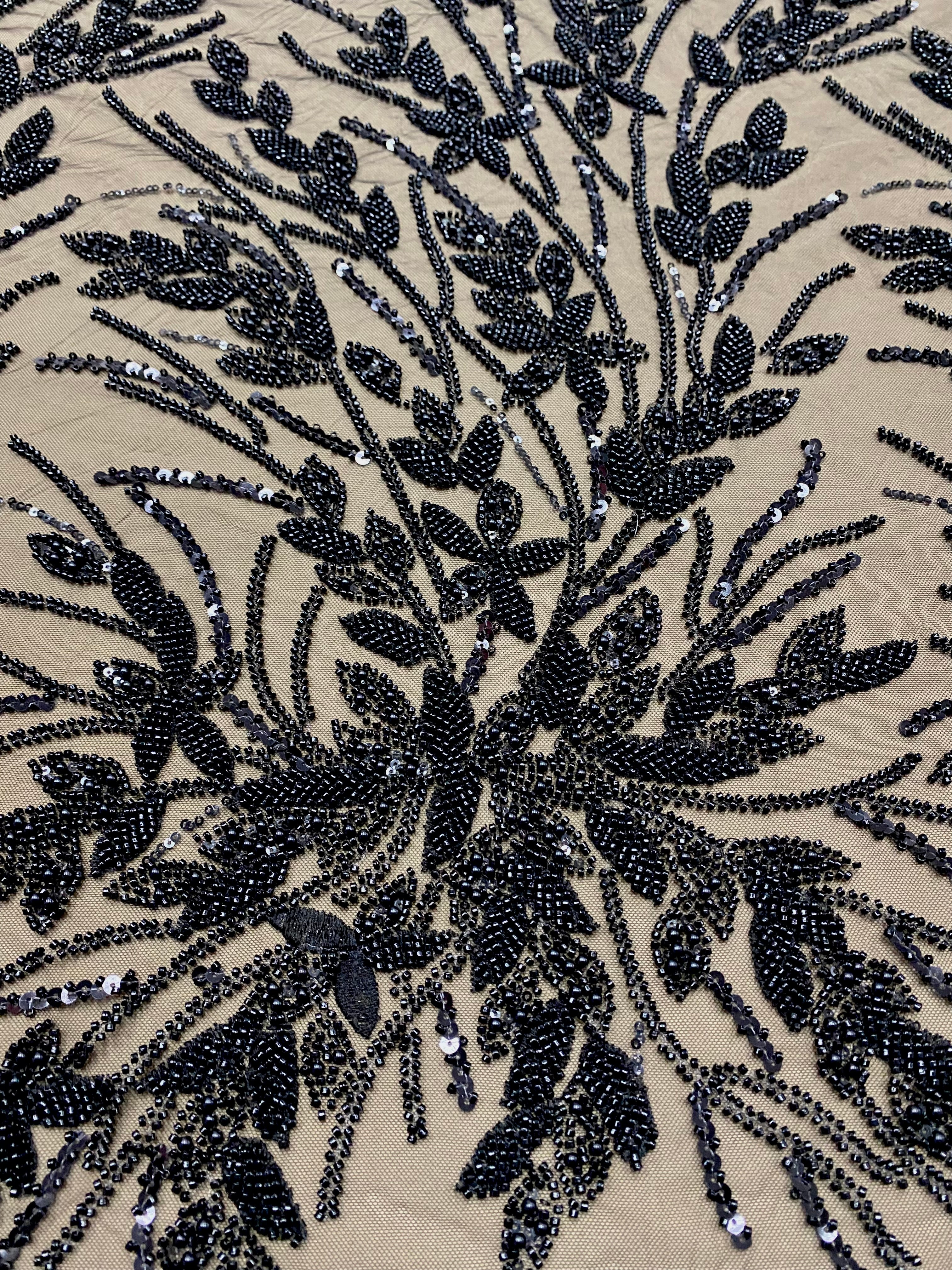 Dantela Couture Neagra cu Model Floral, Perle, Margele si Paiete