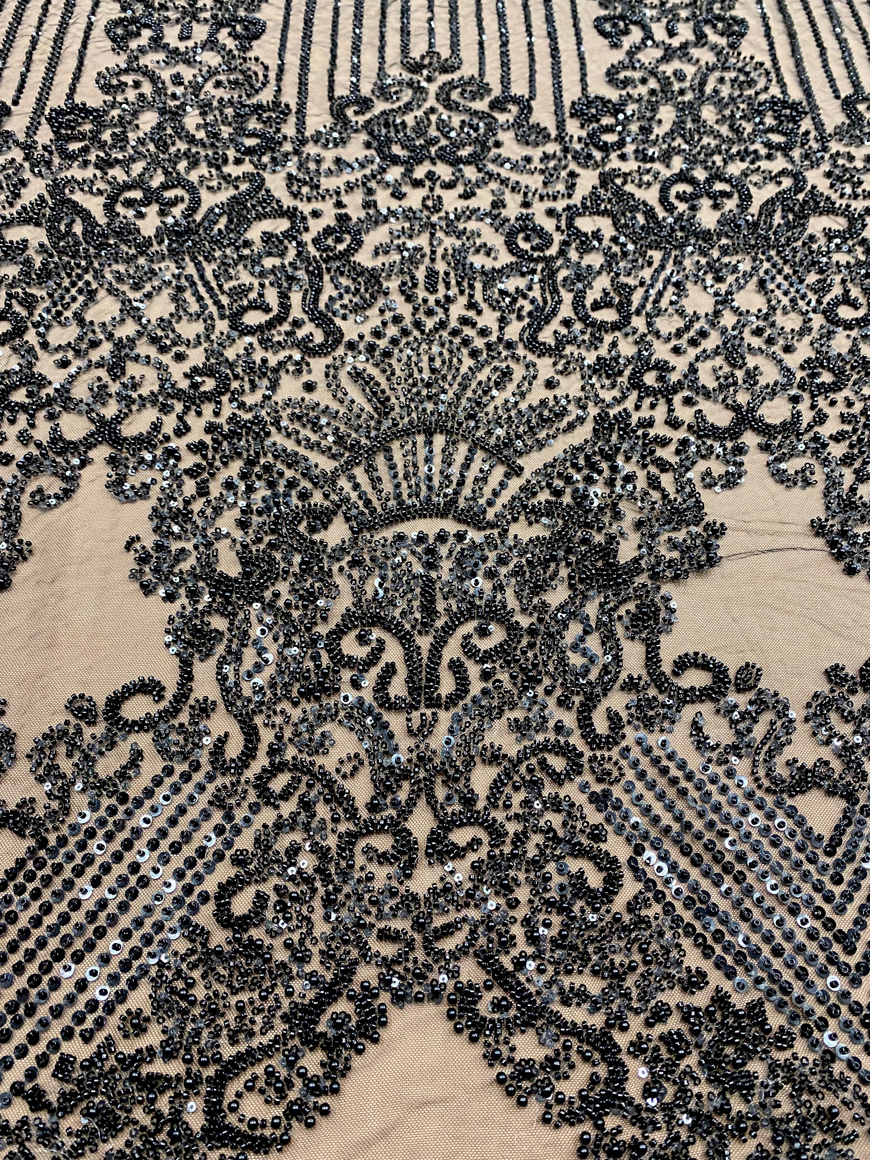 Cupon 1.30 m din Dantela Couture Neagra cu Model Geometric, cu Perle, Margele si Paiete