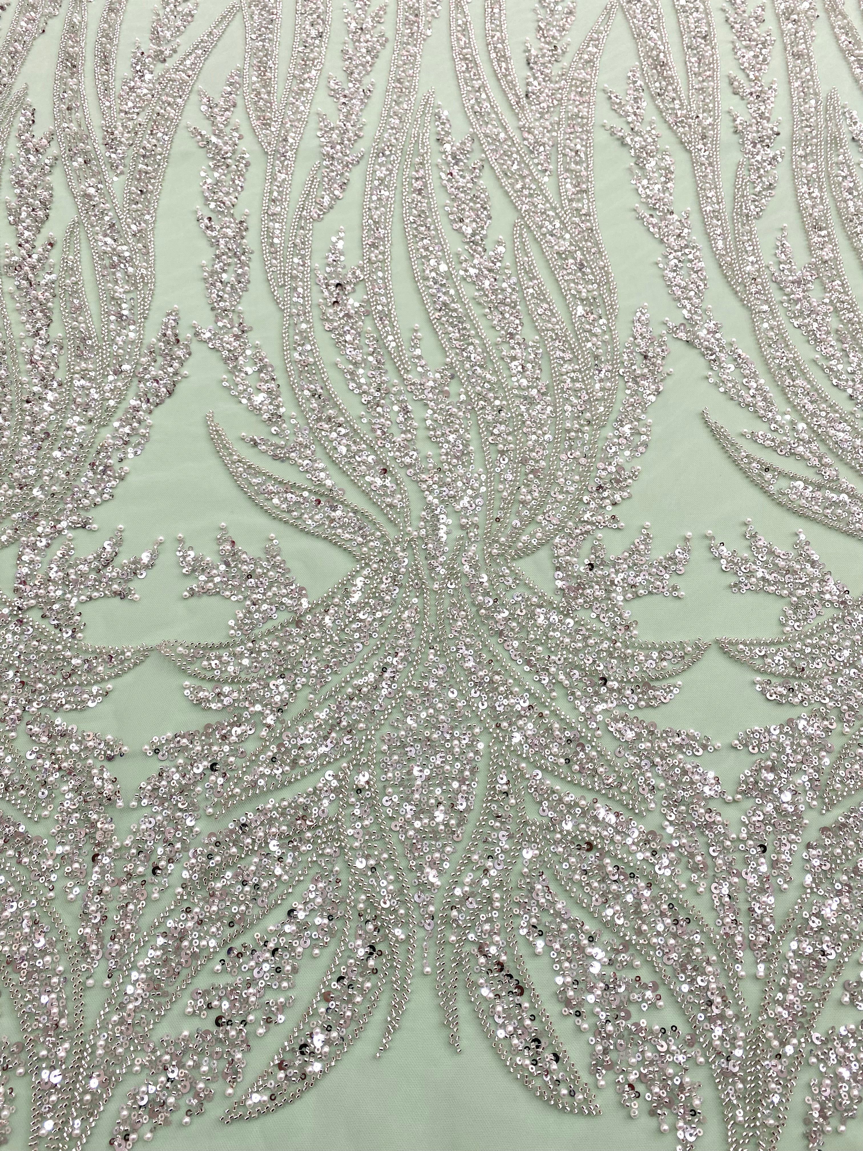 Silver Couture Lace on Mint Green Tulle with Panel, with Pearls, Beads and Sequins