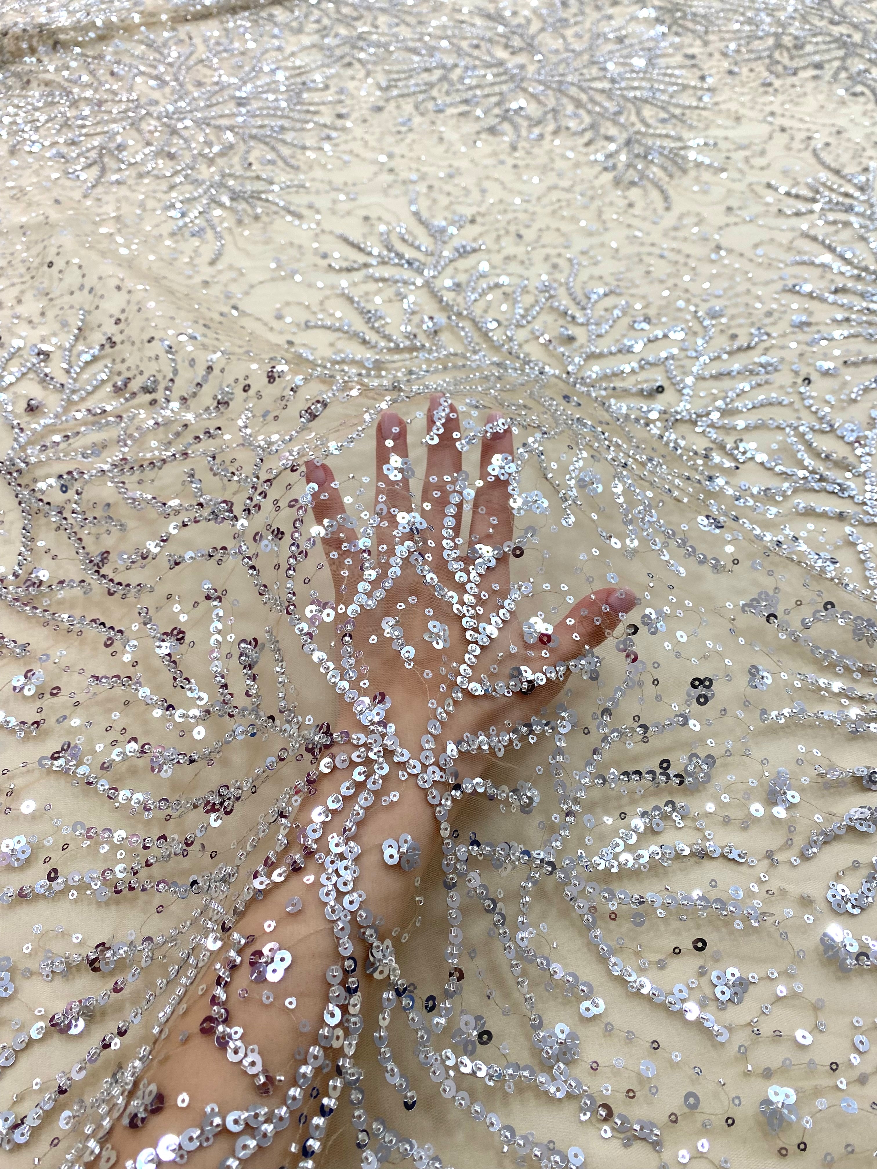 Silver Lace with Nude Tulle with Linear Pattern, Beads and Sequins