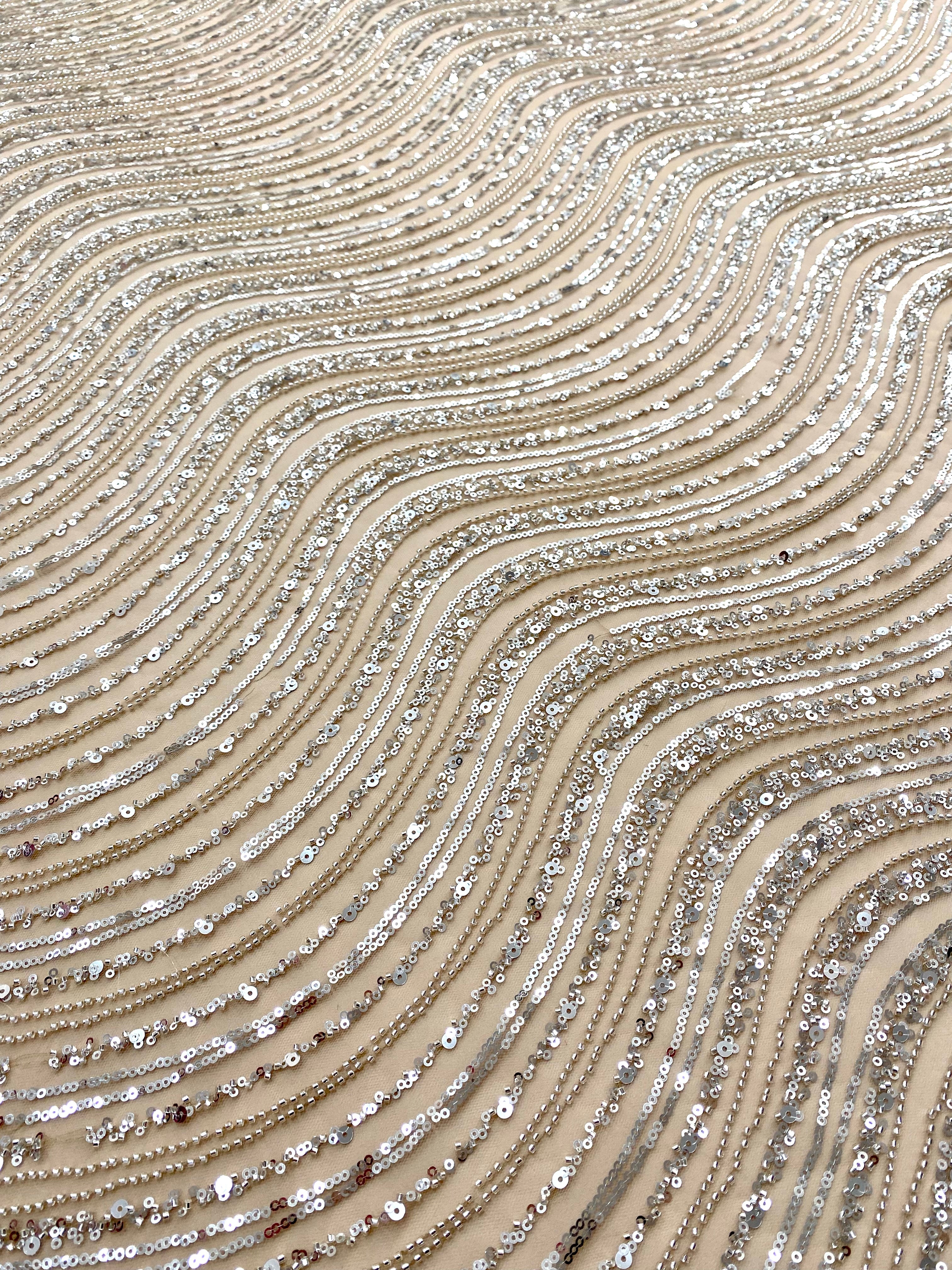 Silver Lace with Geometric Pattern, with Beads and Sequins
