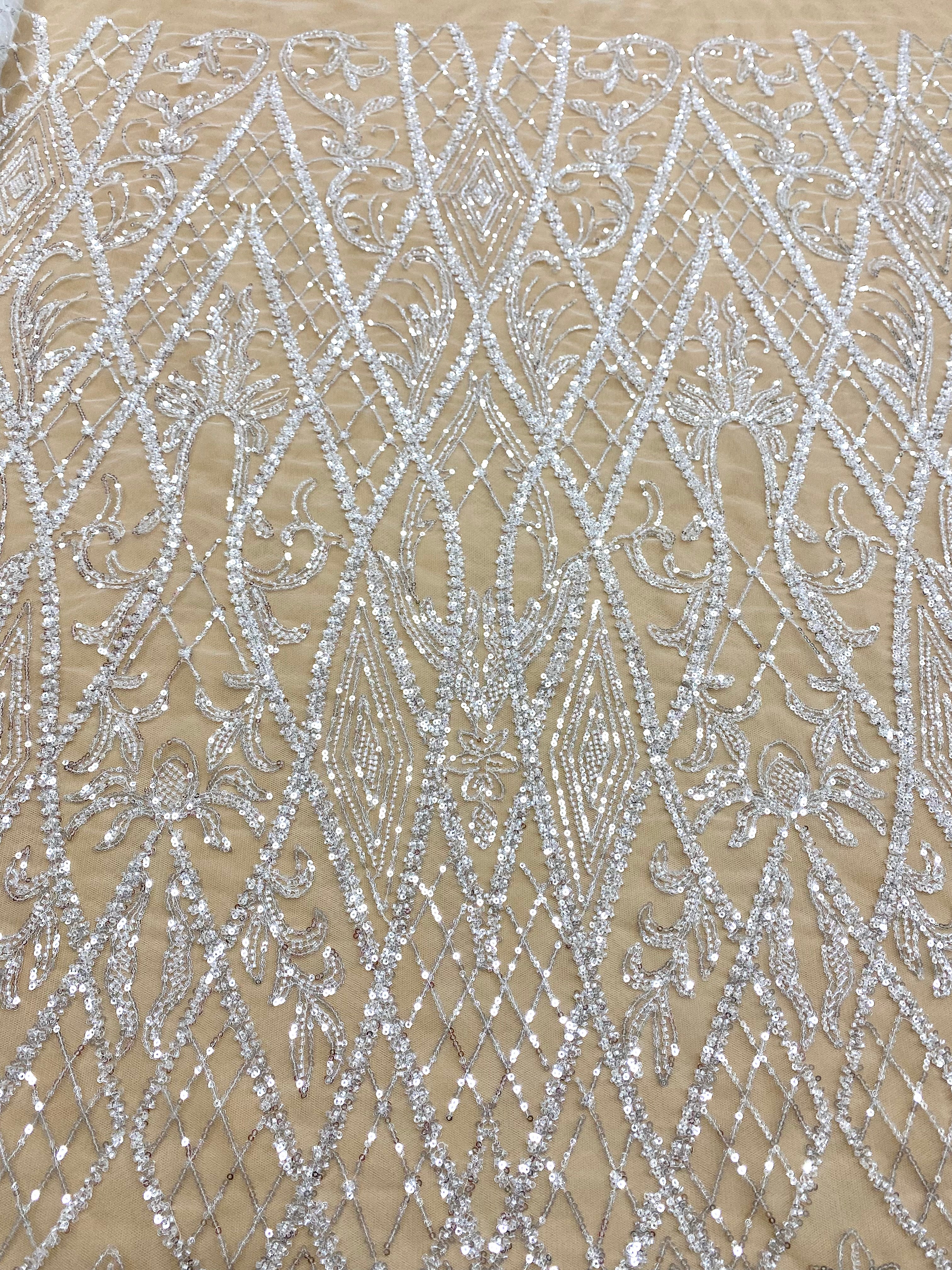 Silver Lace with Linear Pattern, with Pearls and Sequins