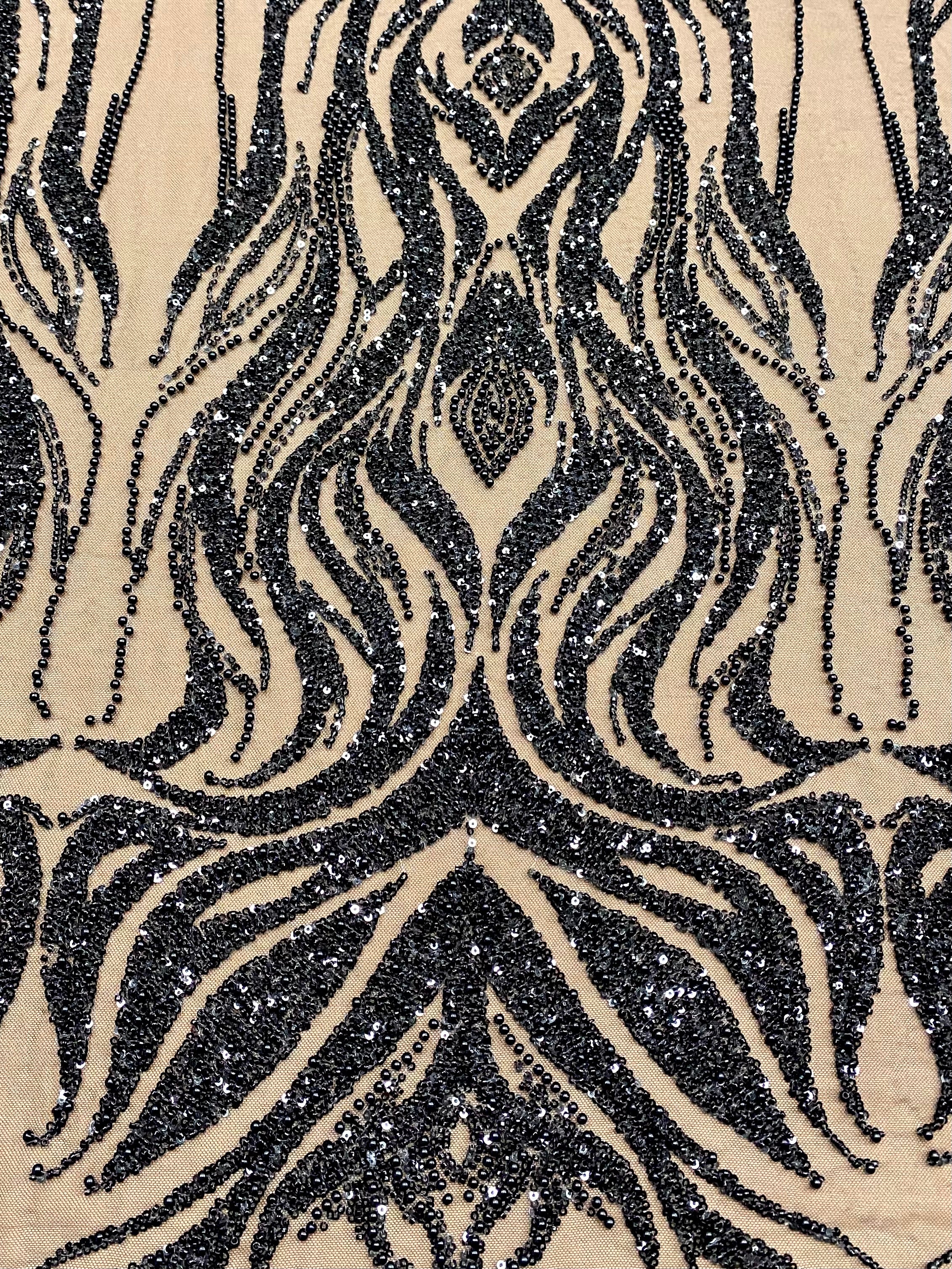 Black Couture Lace with Geometric Pattern, with Pearls, Beads and Sequins
