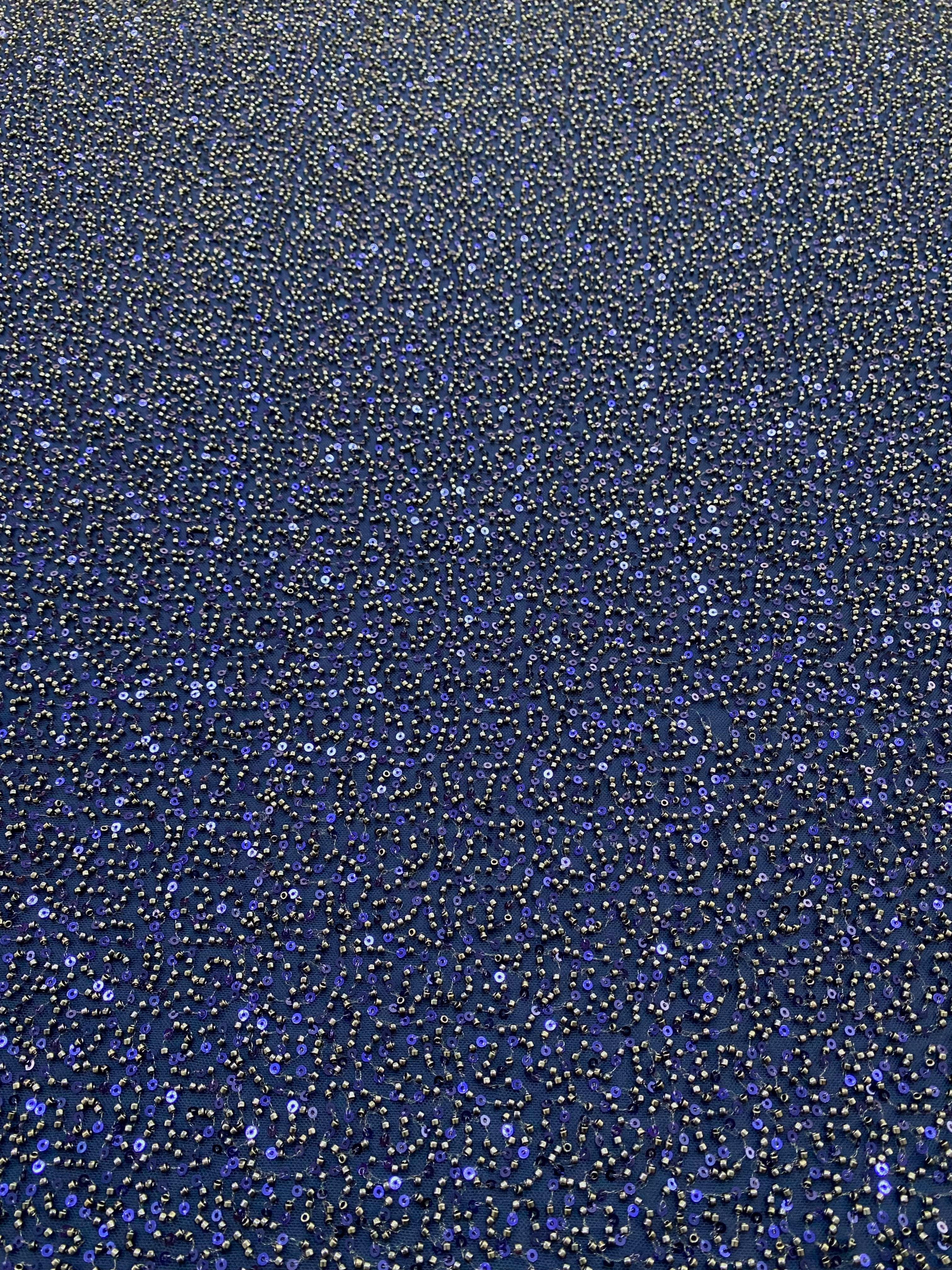 Navy Blue Couture Lace with General Pattern, with Beads and Sequins 
