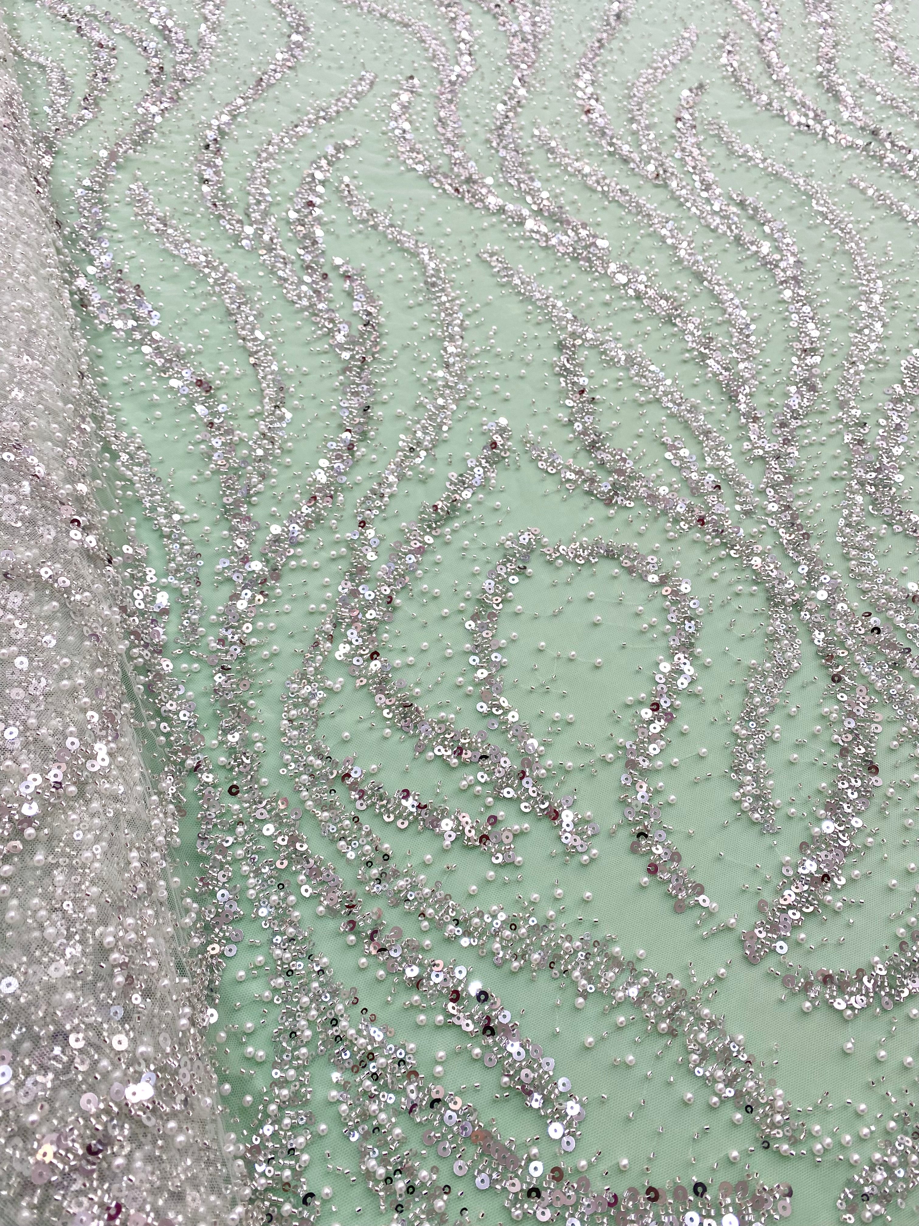 Silver Couture Lace on Mint Green Tulle with Pearls, Beads and Sequins