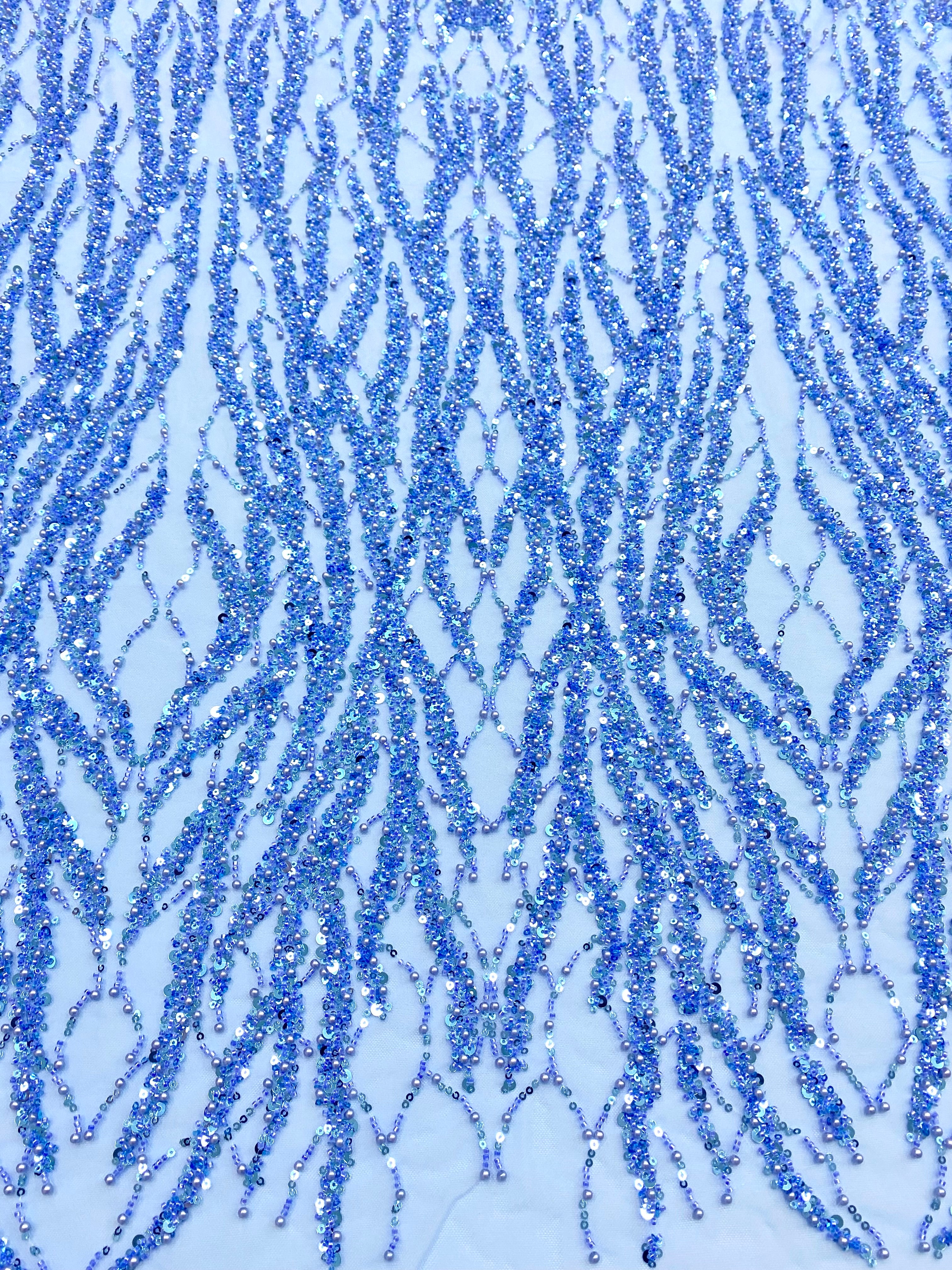 Dantela Couture Sky Blue cu Siraguri cu Perle, Margele si Paiete