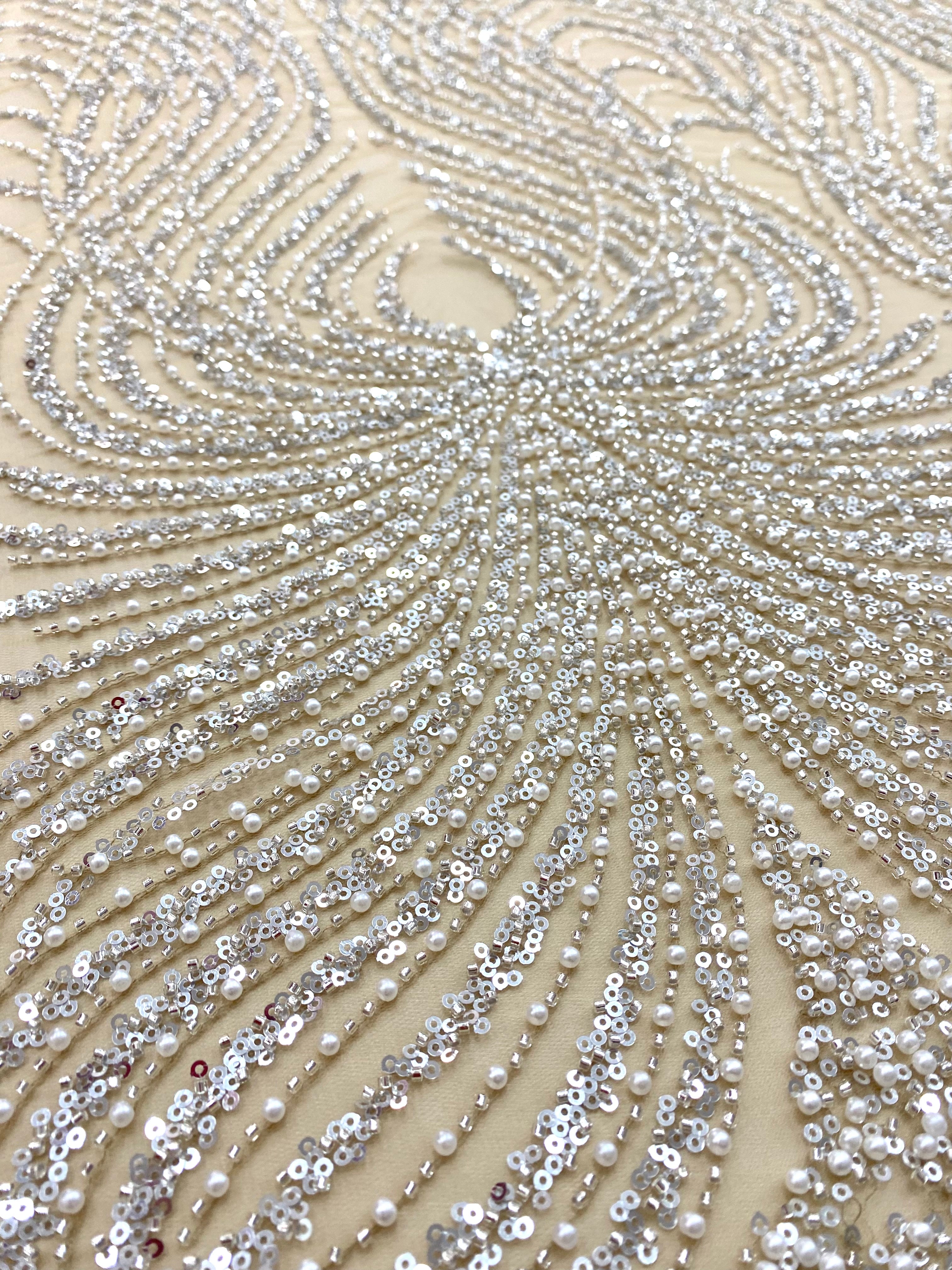Silver Couture Lace on Nude Tulle with Panel, with Pearls, Beads and Sequins