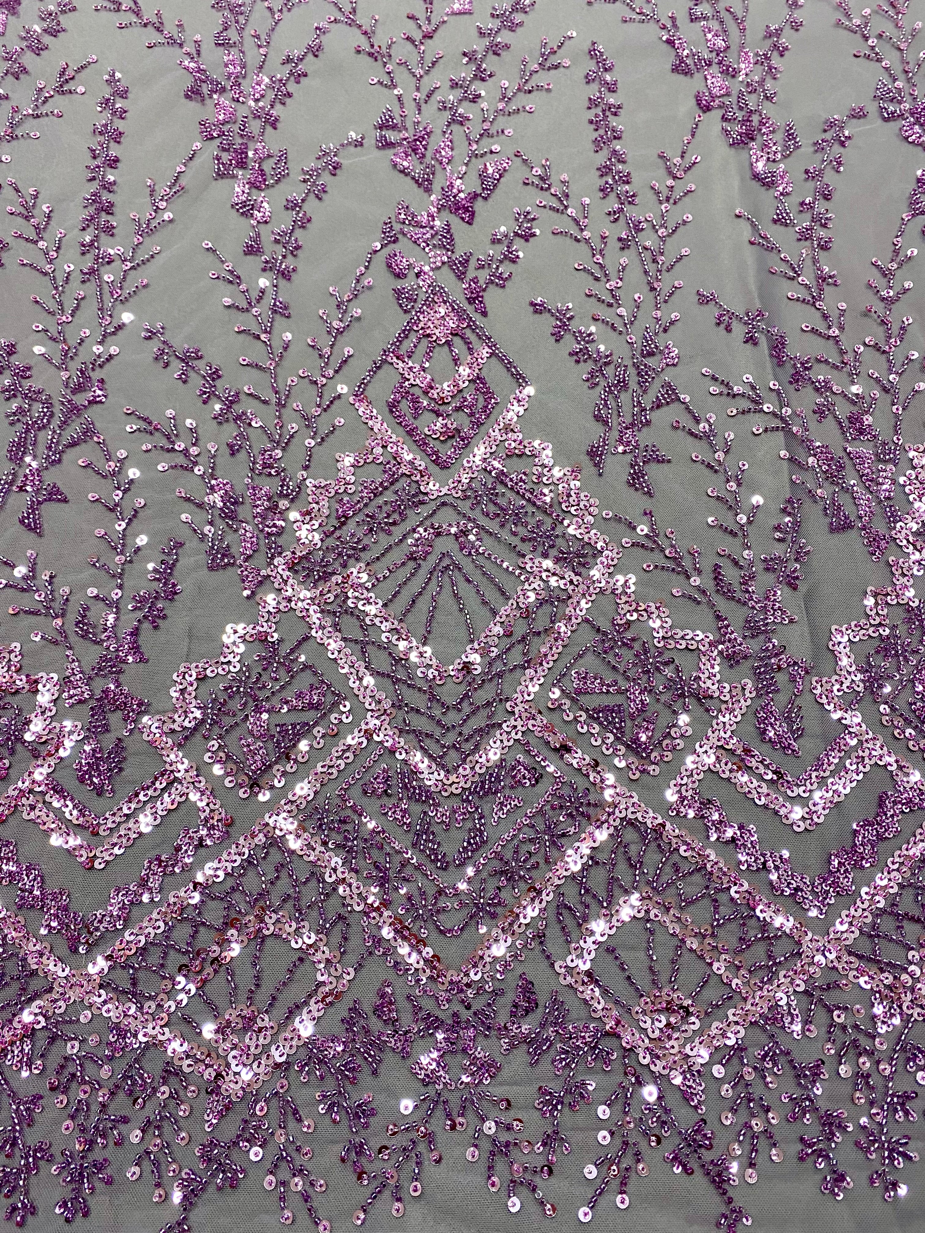 Dantela Couture Lavanda Pudrata cu Model Geometric, cu Margele si Paiete