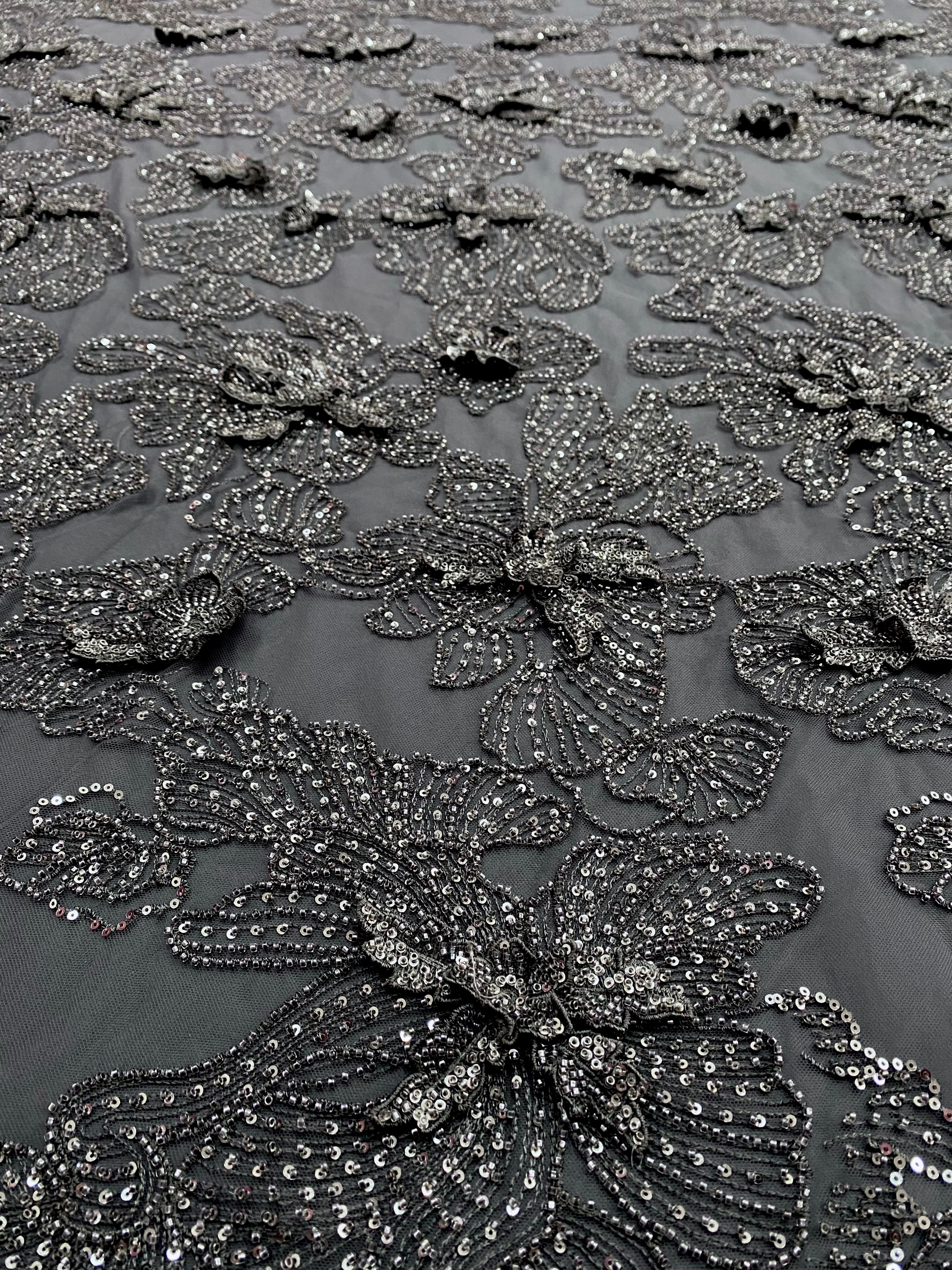 Silver Lace with Linear Pattern, with Pearls and Sequins