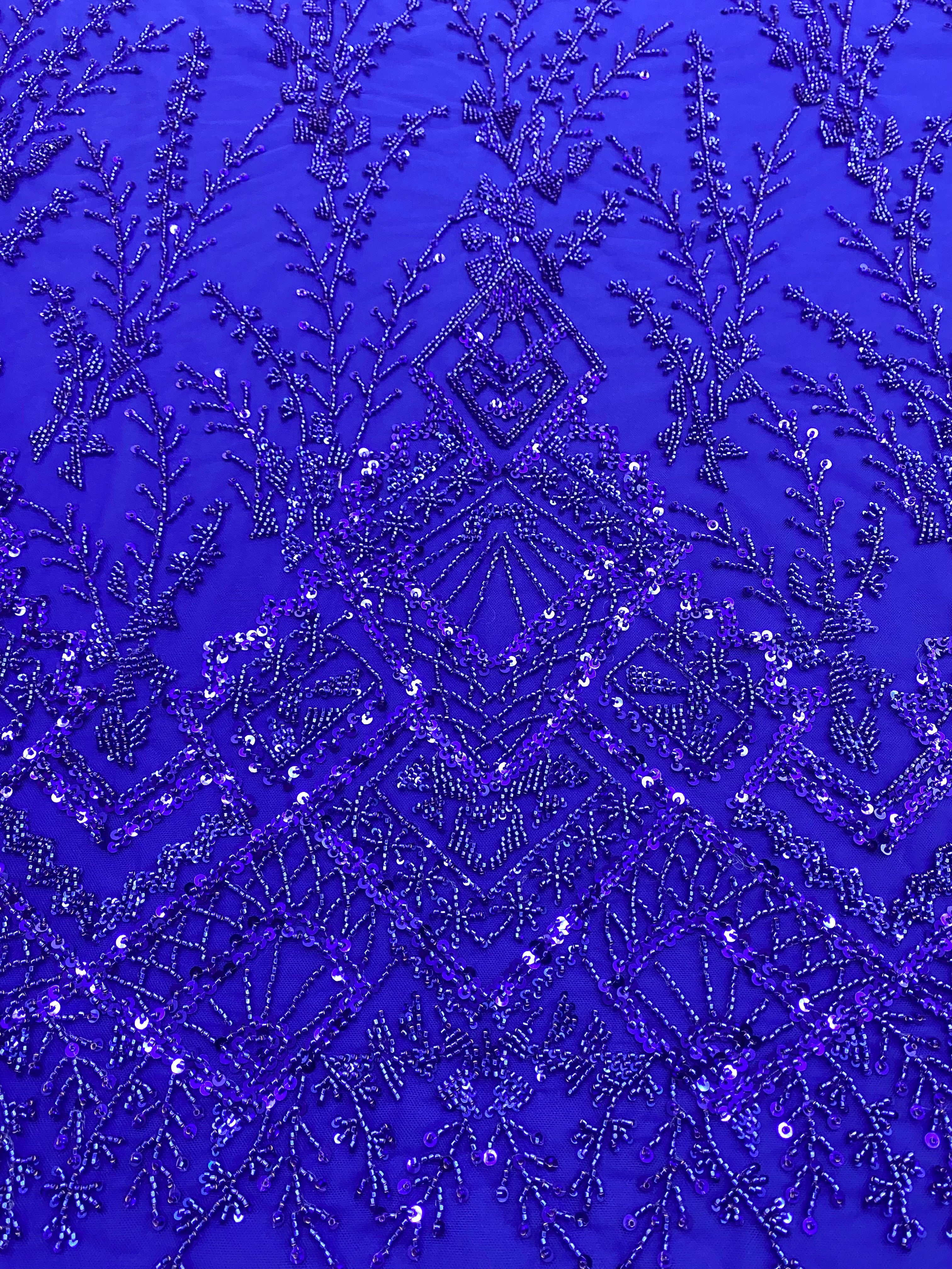 Royal Blue Couture Lace with Geometric Pattern, Beads and Sequins
