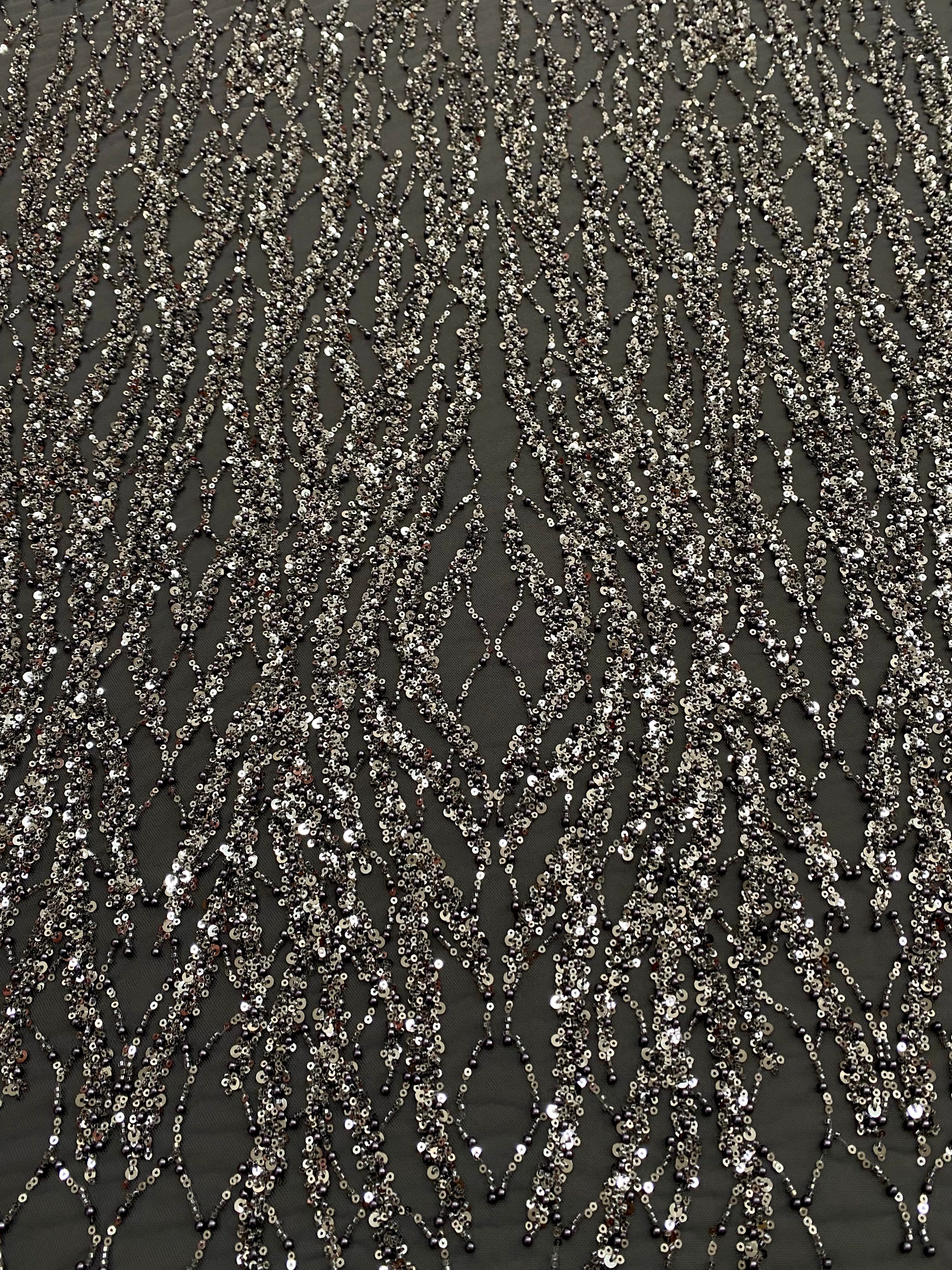 Silver Lace with Linear Pattern, with Pearls and Sequins