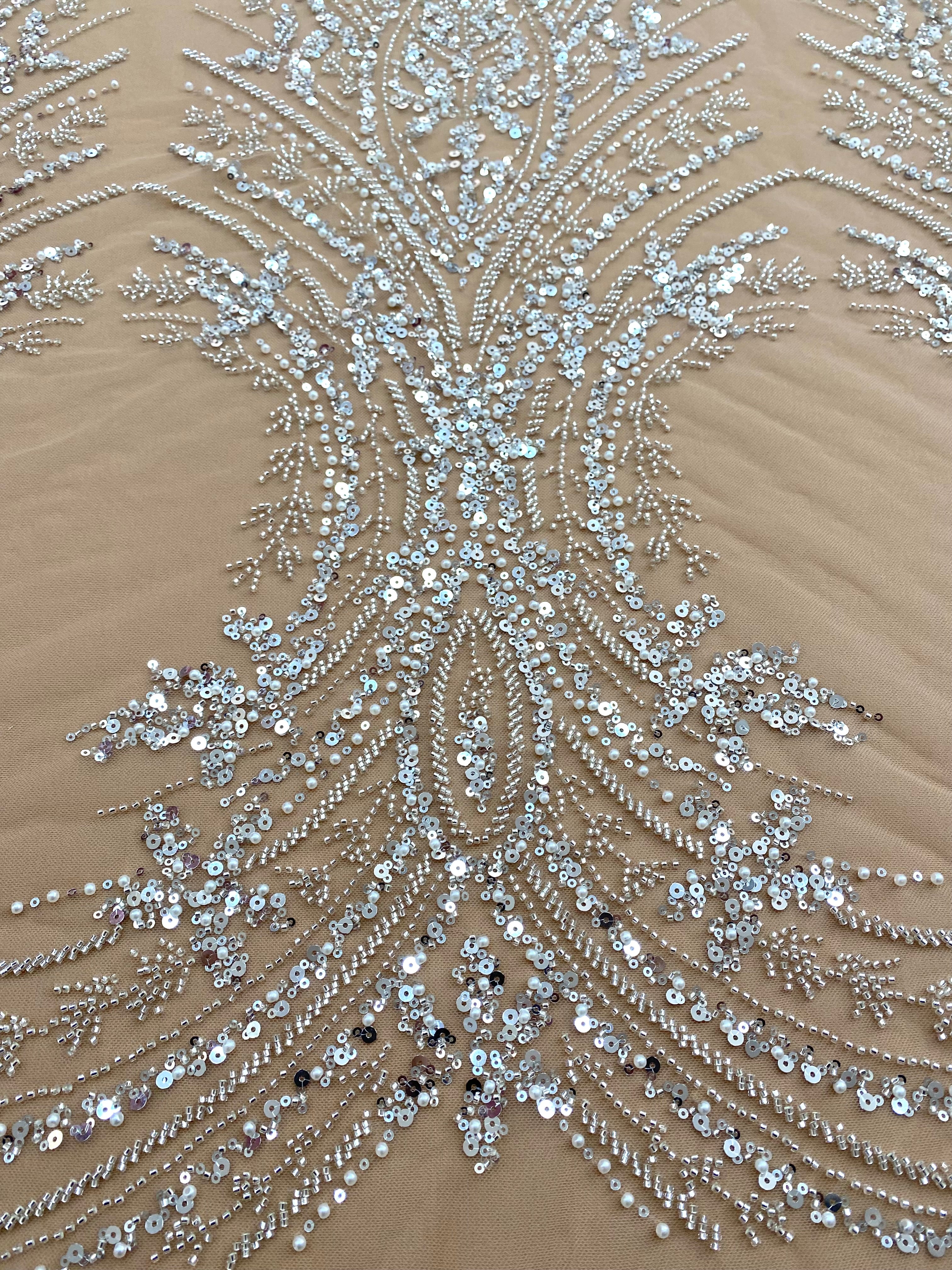 Silver Lace with Linear Pattern, with Pearls and Sequins