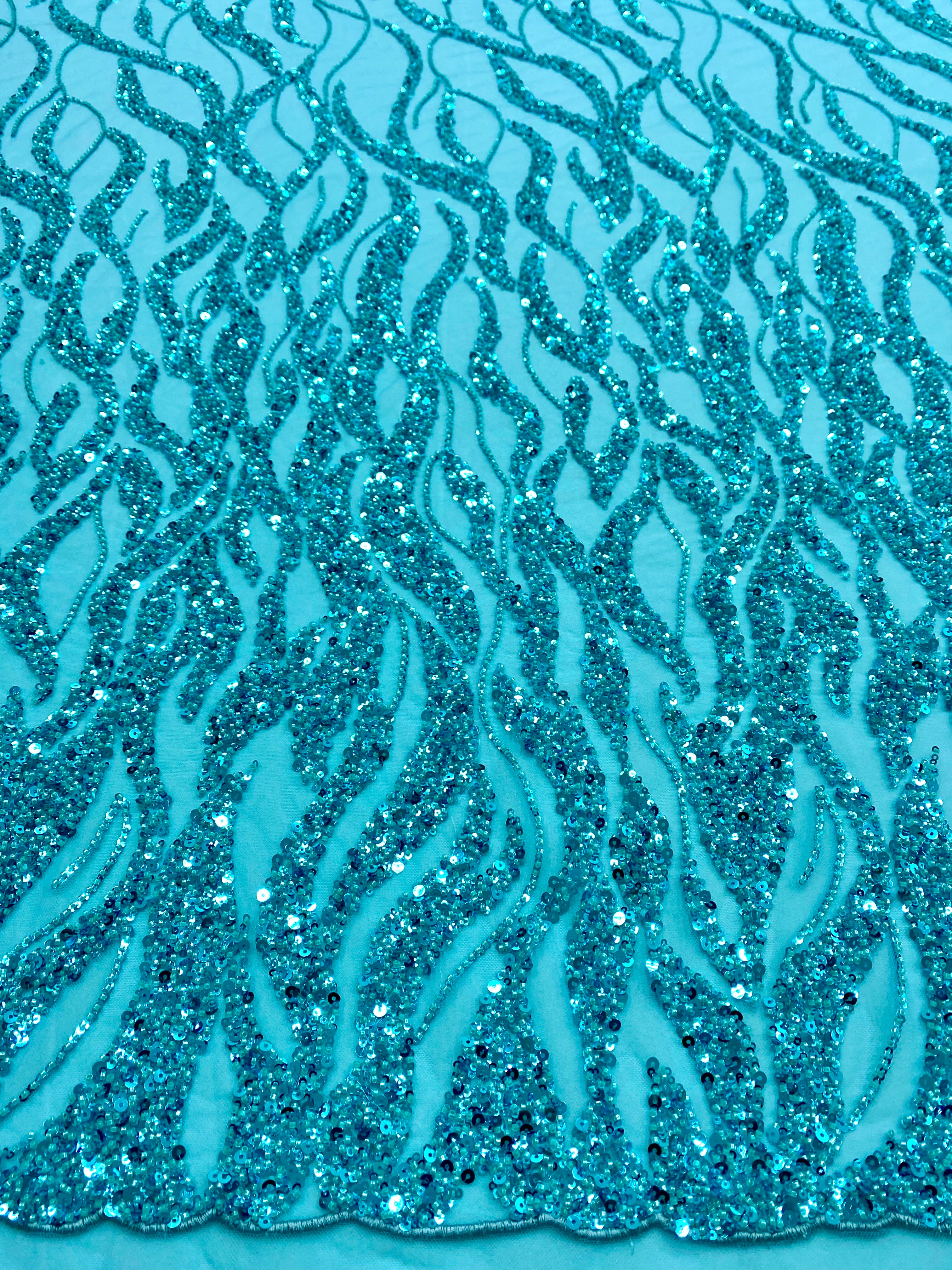 Turquoise Couture Lace with Strings, Beads and Sequins 