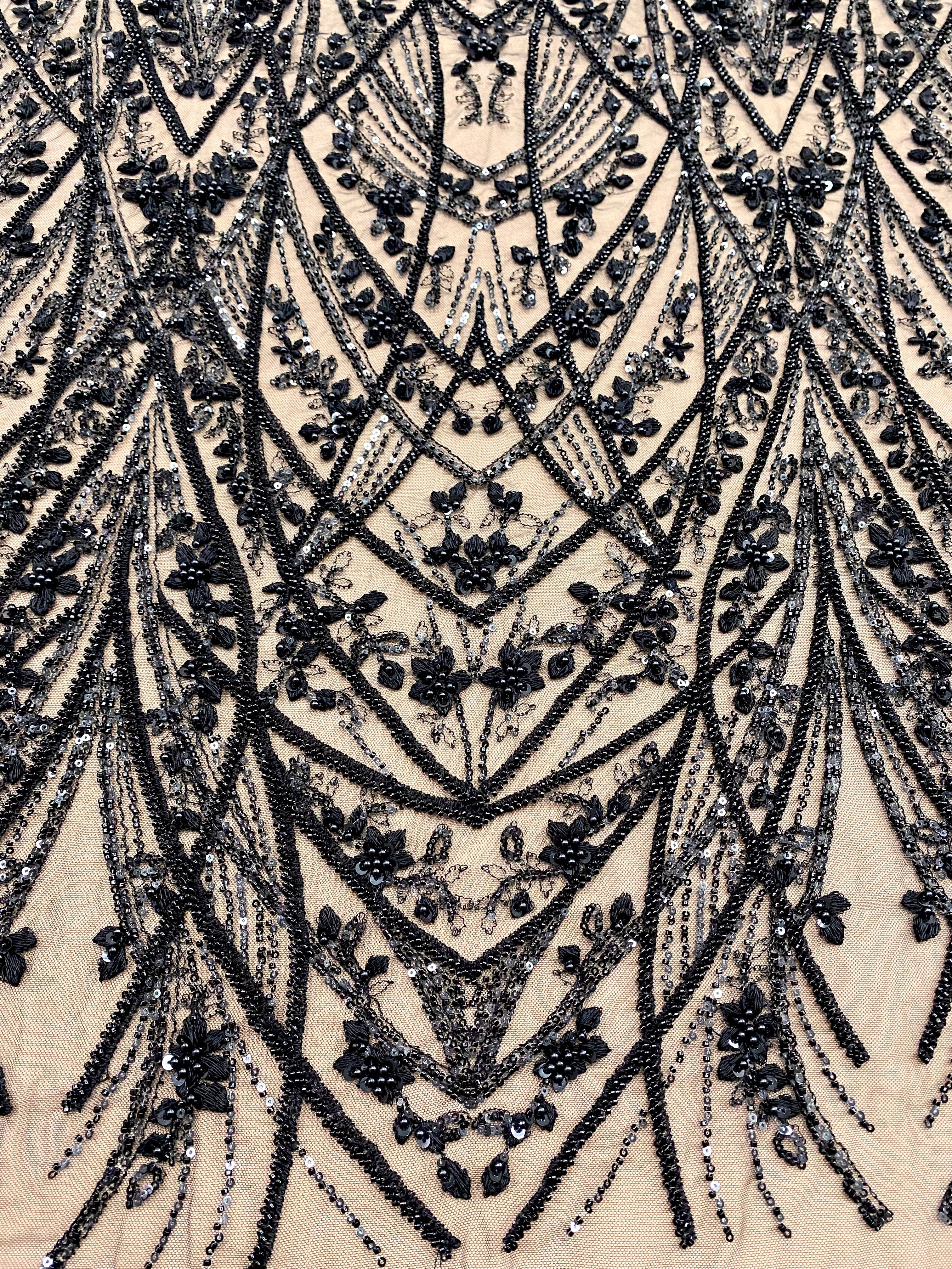 Black Couture Lace with Geometric Pattern, with Pearls, Beads and Sequins