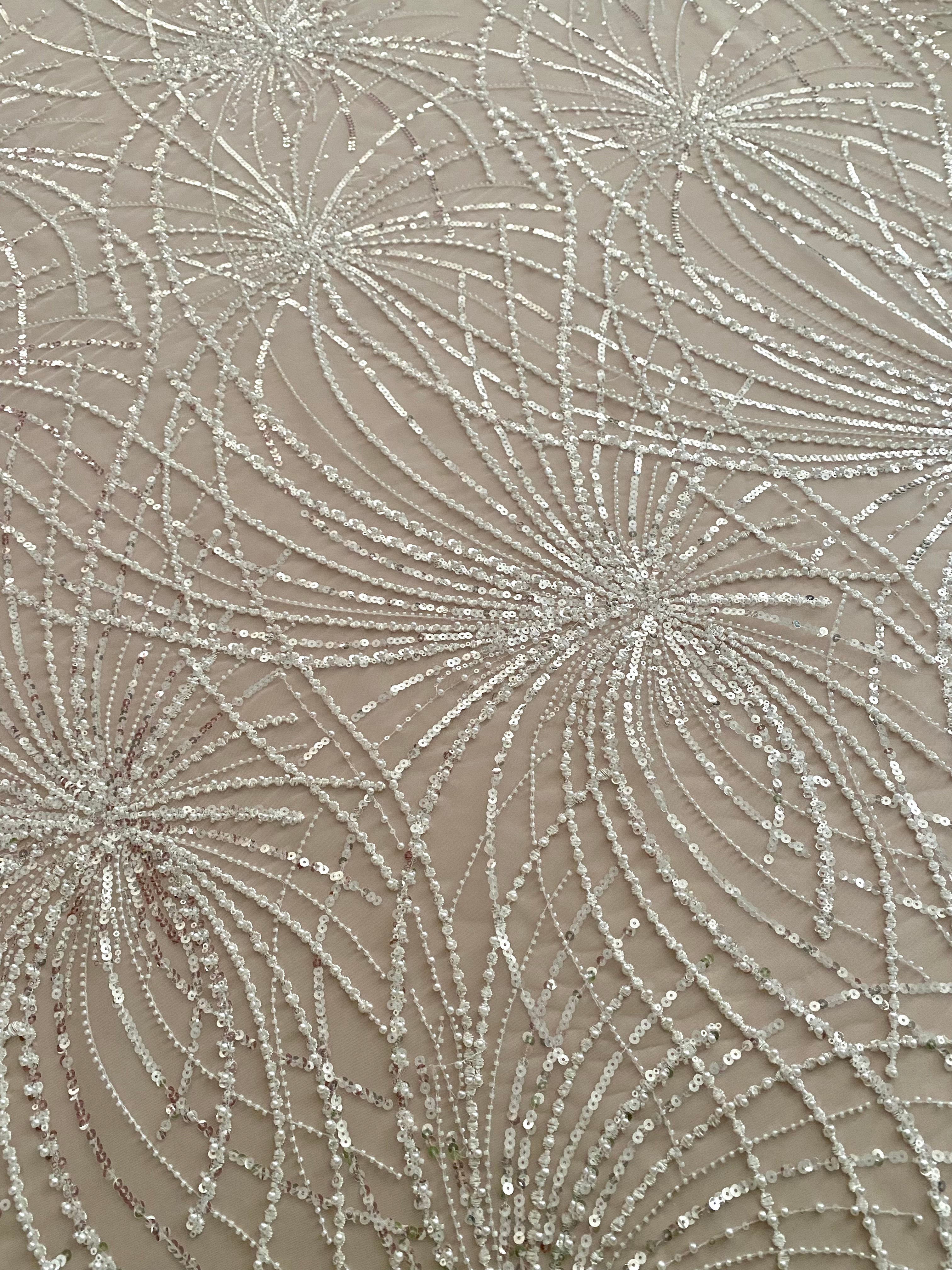 Dantela Couture Ivory cu Model Geometric, cu Perle, Margele si Paiete