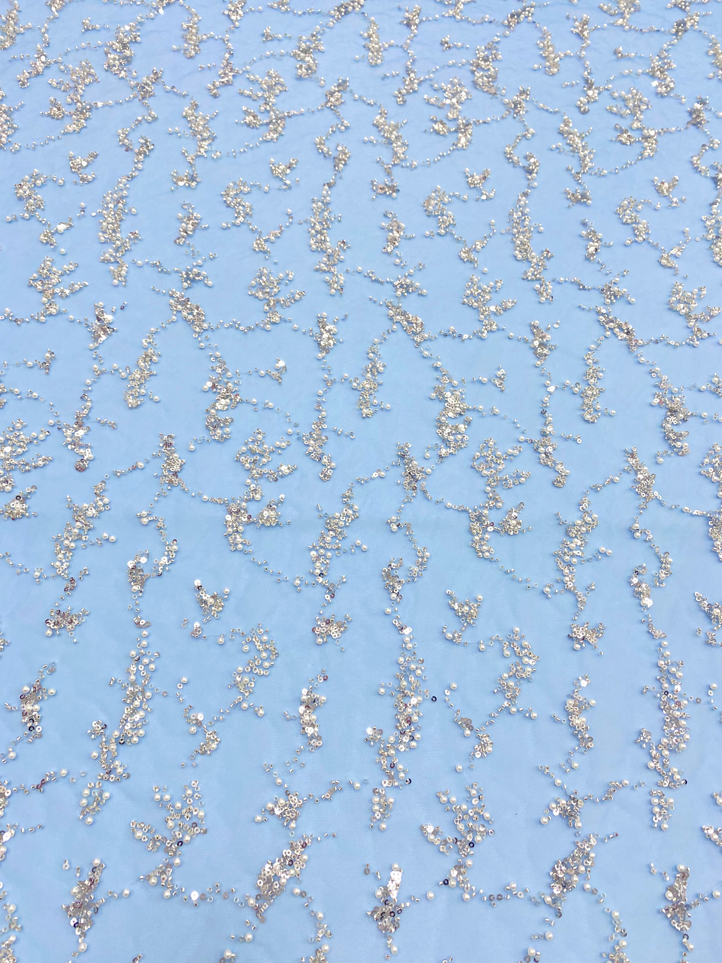 Silver Couture Lace on Blue Tulle, with Symmetrical Pattern, with Beads and Sequins 