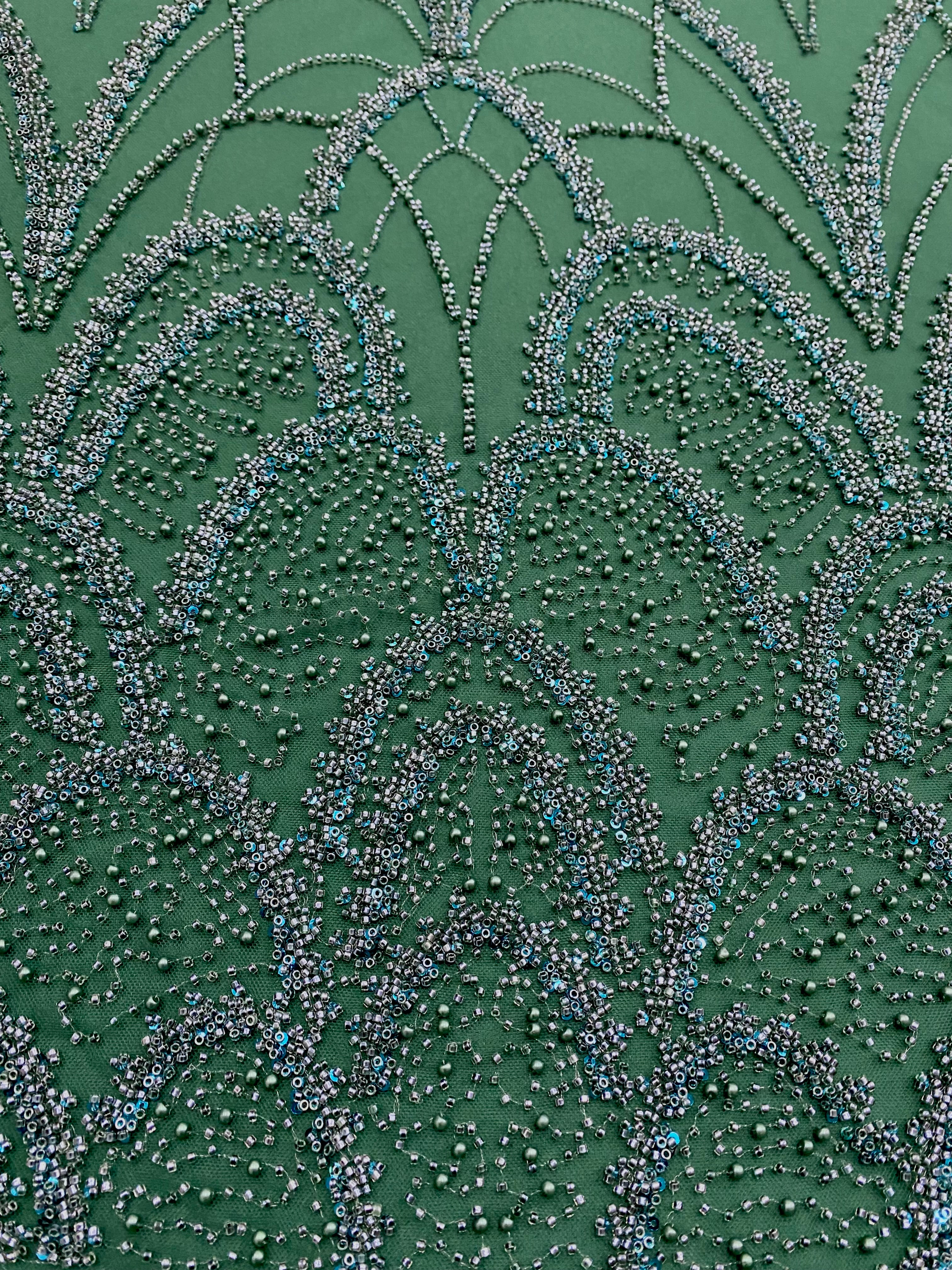 Dantela Couture Verde Smarald cu Model Geometric, cu Perle, Margele si Paiete