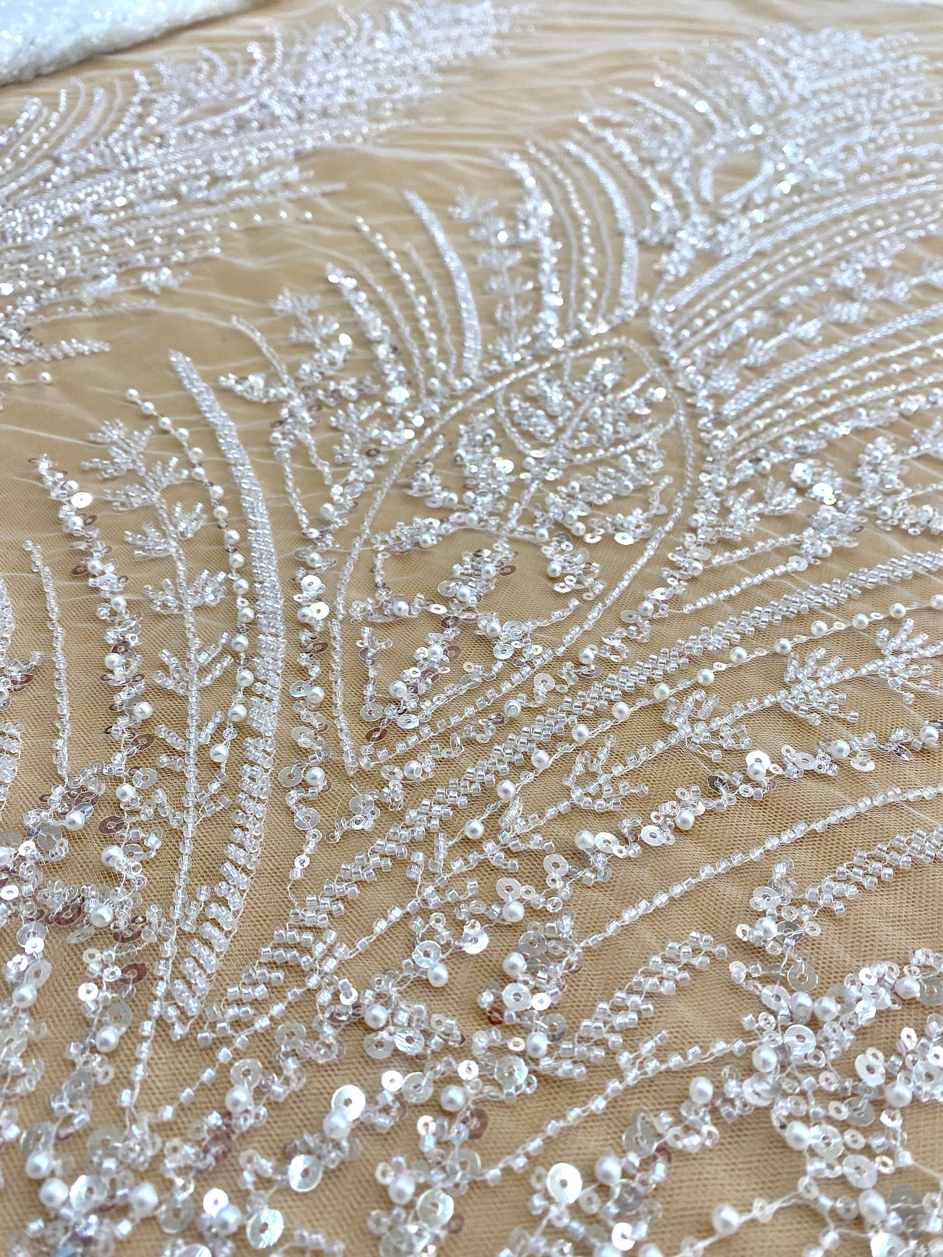 Silver Lace with Linear Pattern, with Pearls and Sequins