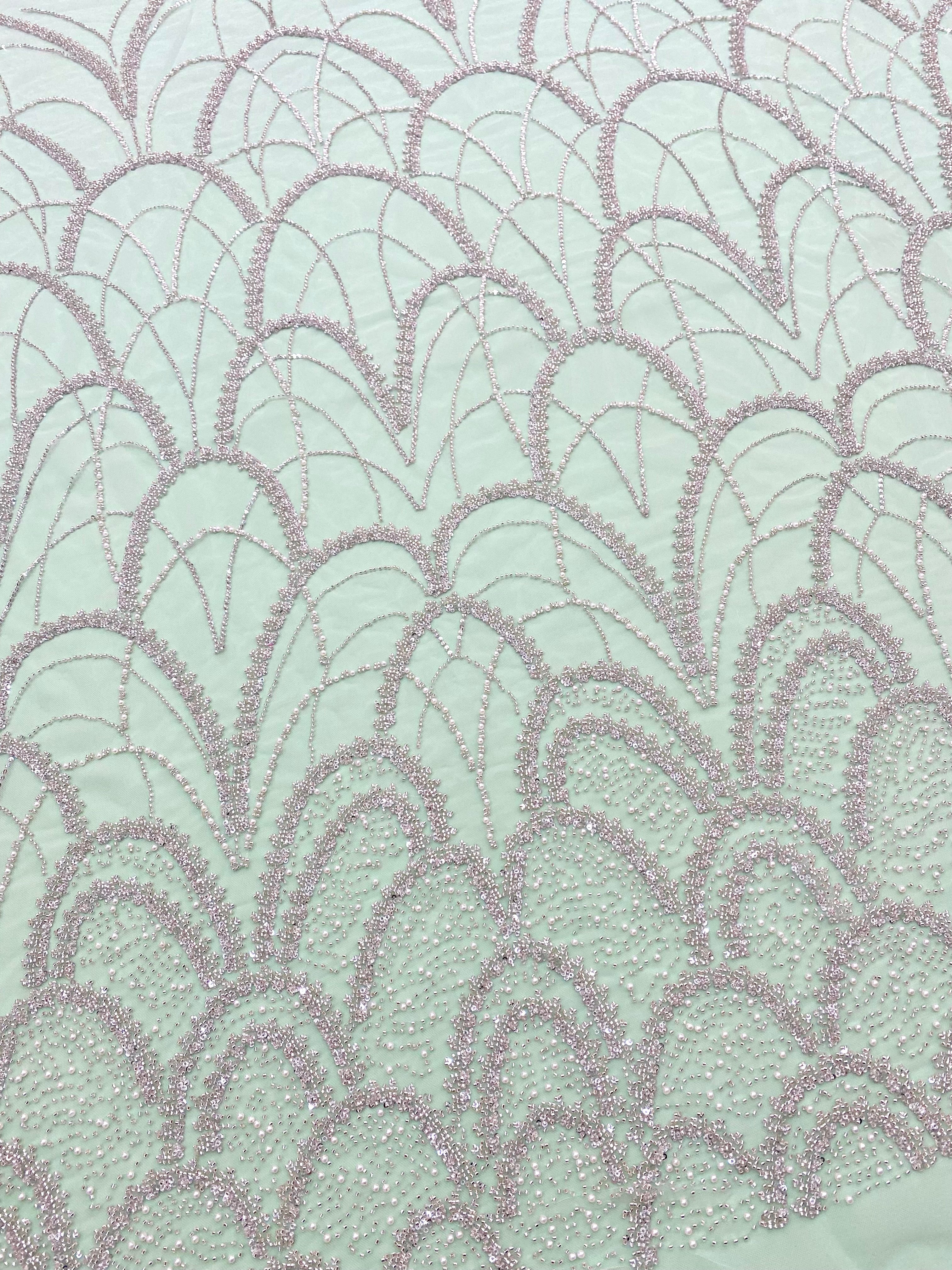 Silver Couture Lace on Mint Green Tulle with Geometric Pattern, with Pearls, Beads and Sequins