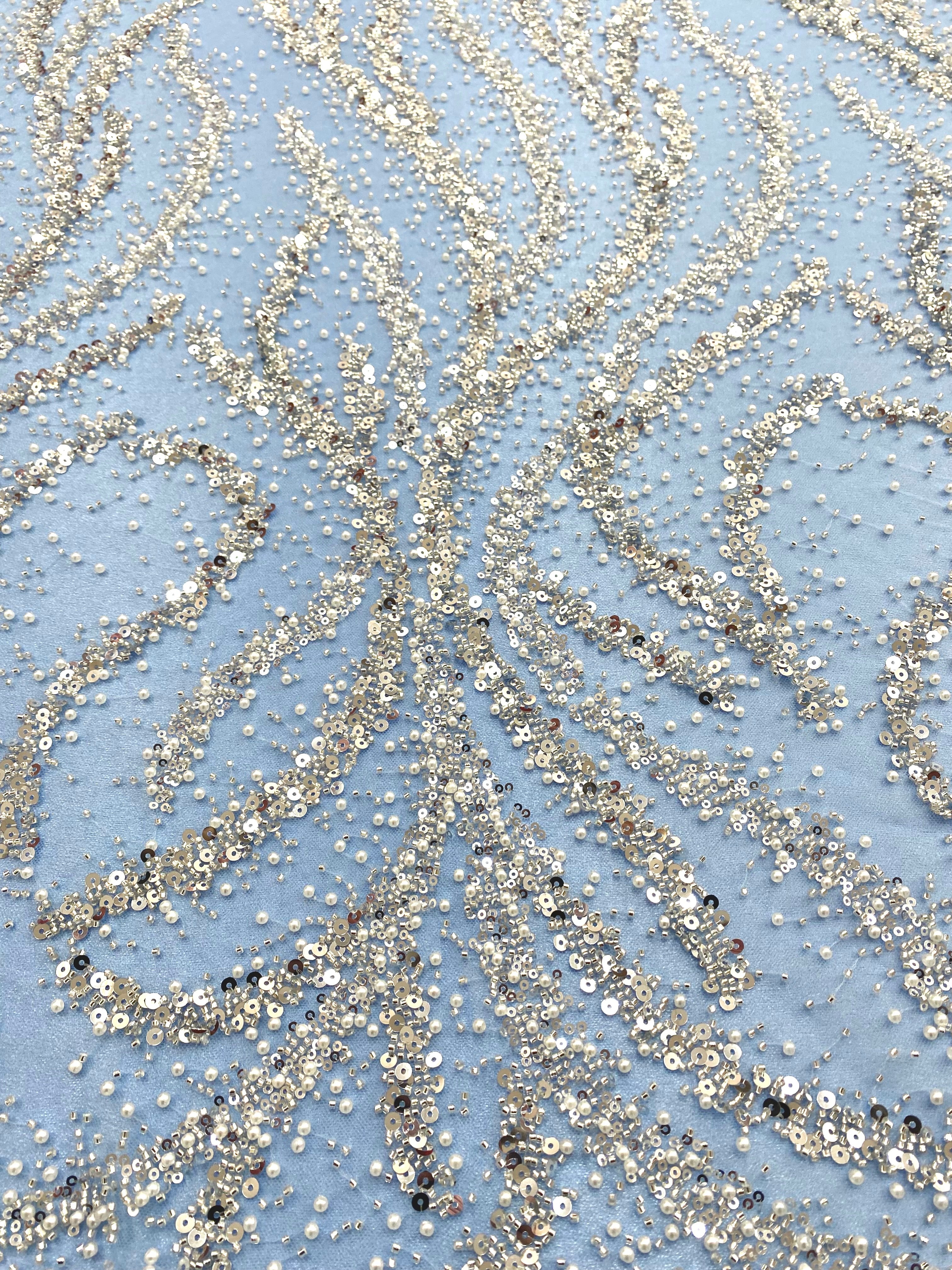 Silver Couture Lace on Blue Tulle with Pearls, Beads and Sequins 