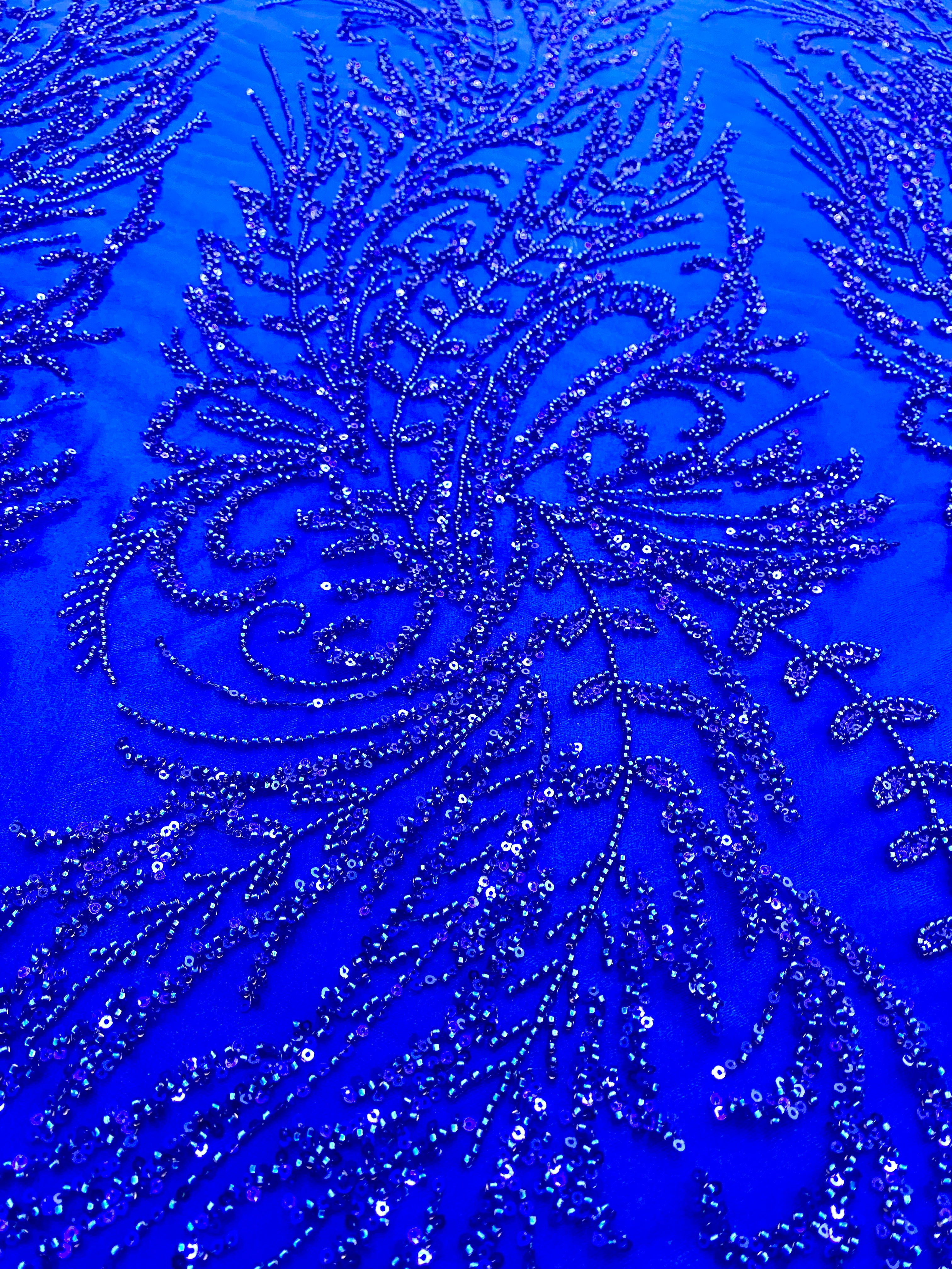 Royal Blue Couture Lace with Floral Pattern, Beads and Sequins