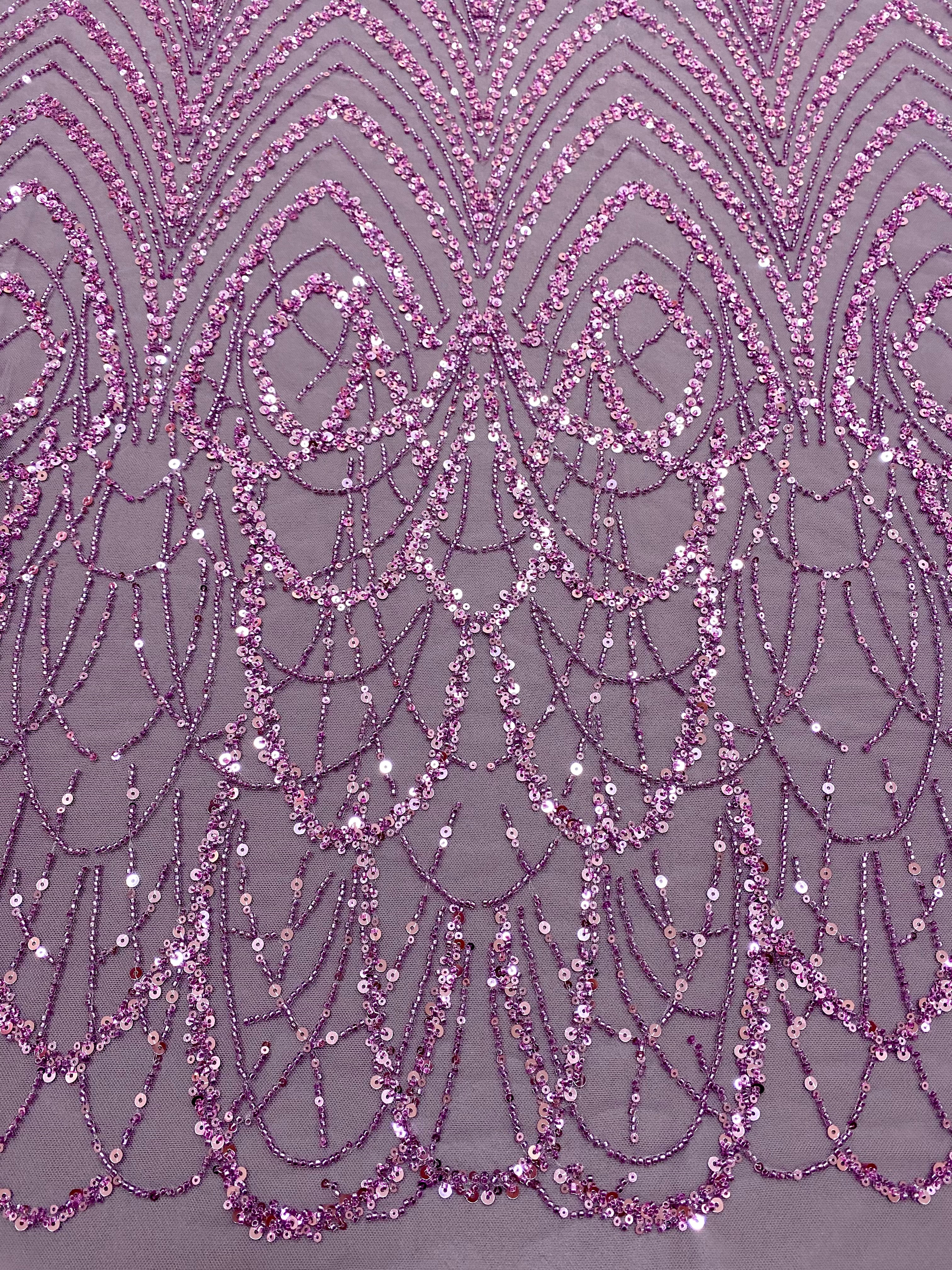 Dantela Couture Lavanda Pudrata cu Model Geometric cu Margele si Paiete