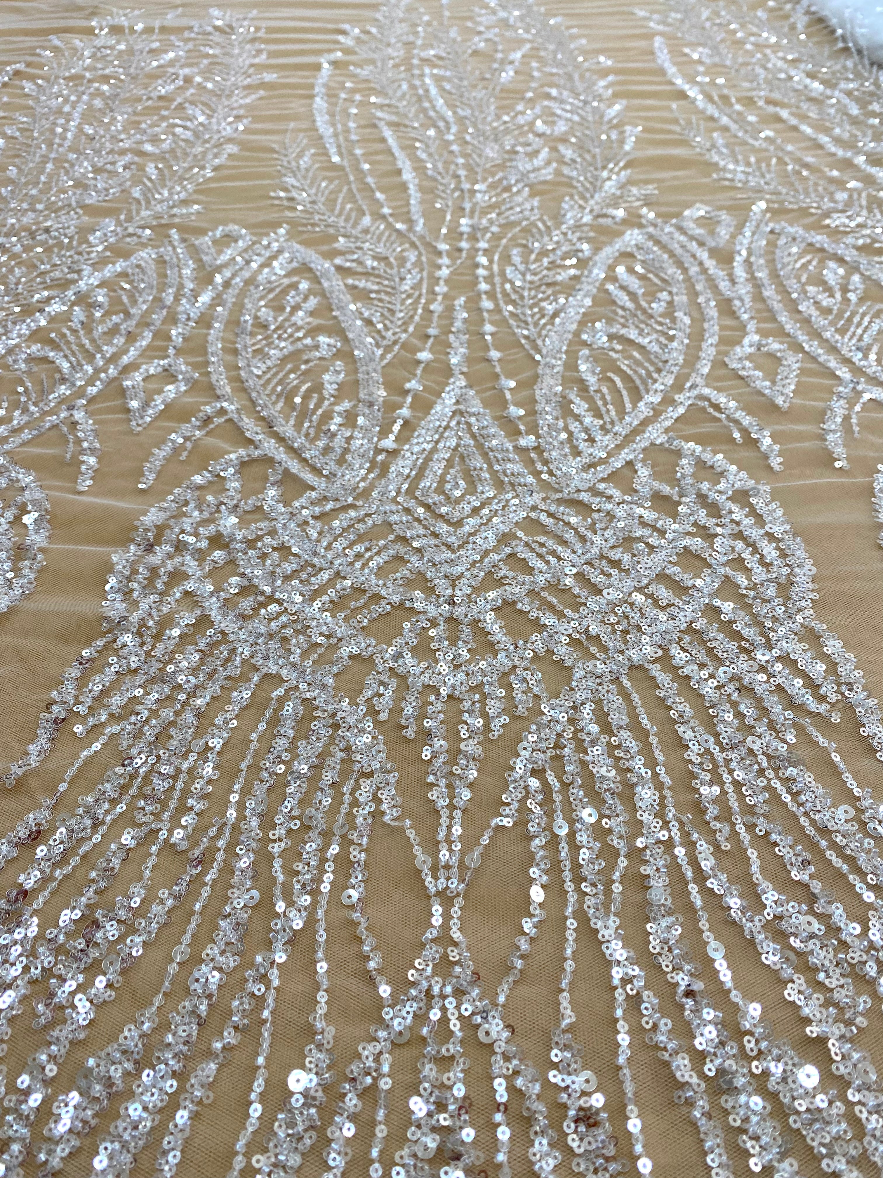 Silver Lace with Linear Pattern, with Pearls and Sequins