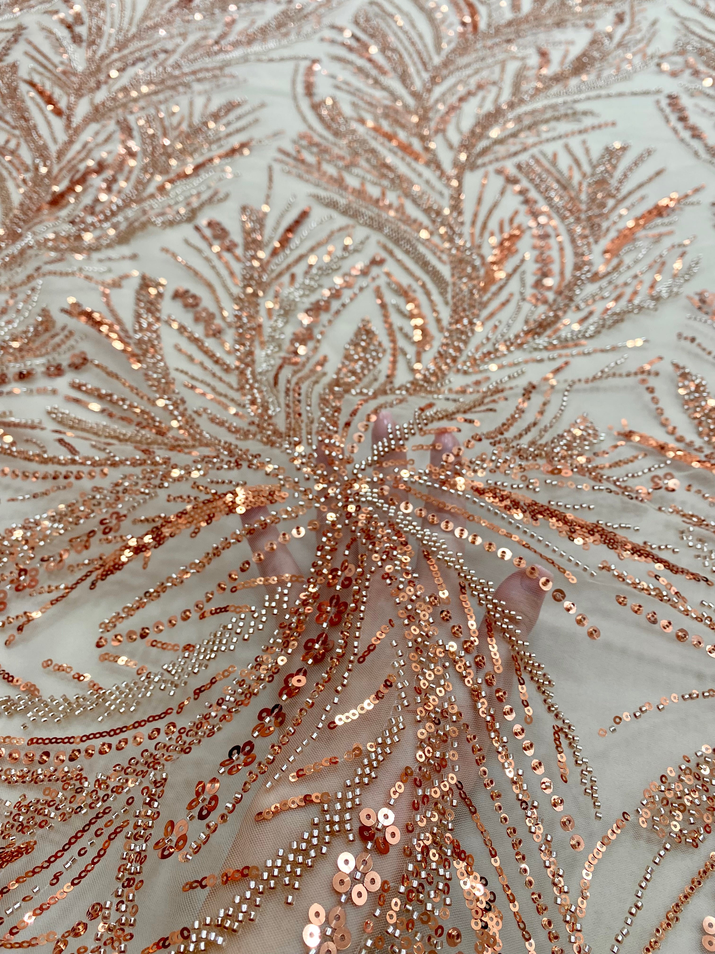 Rose Gold Couture Lace with Linear Pattern, Beads and Sequins