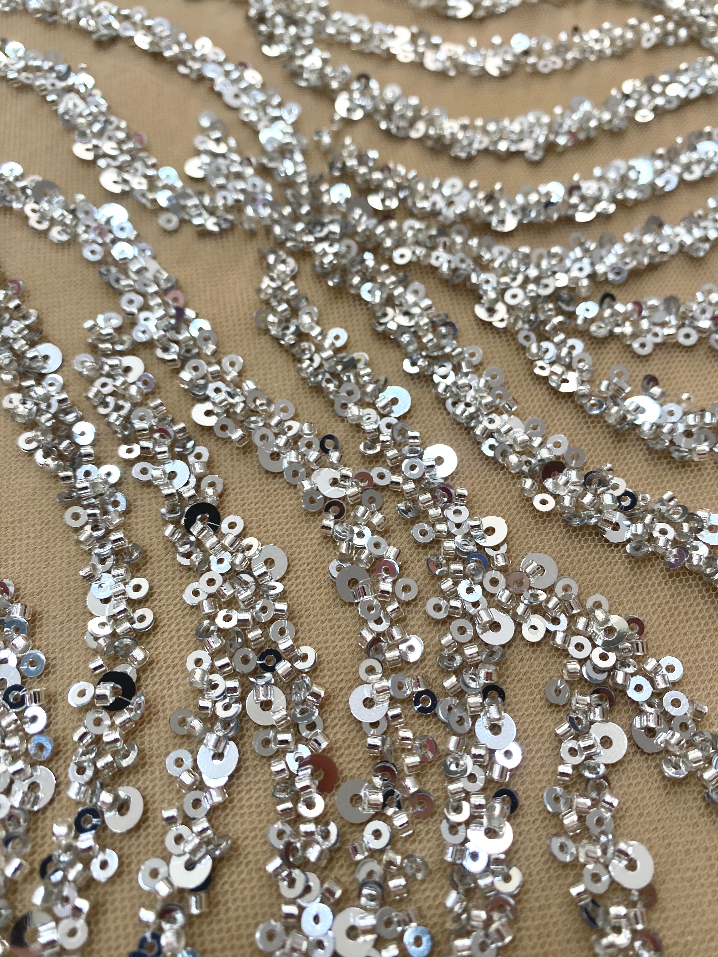 Silver Couture Lace on Nude Tulle with Strings, Beads and Sequins