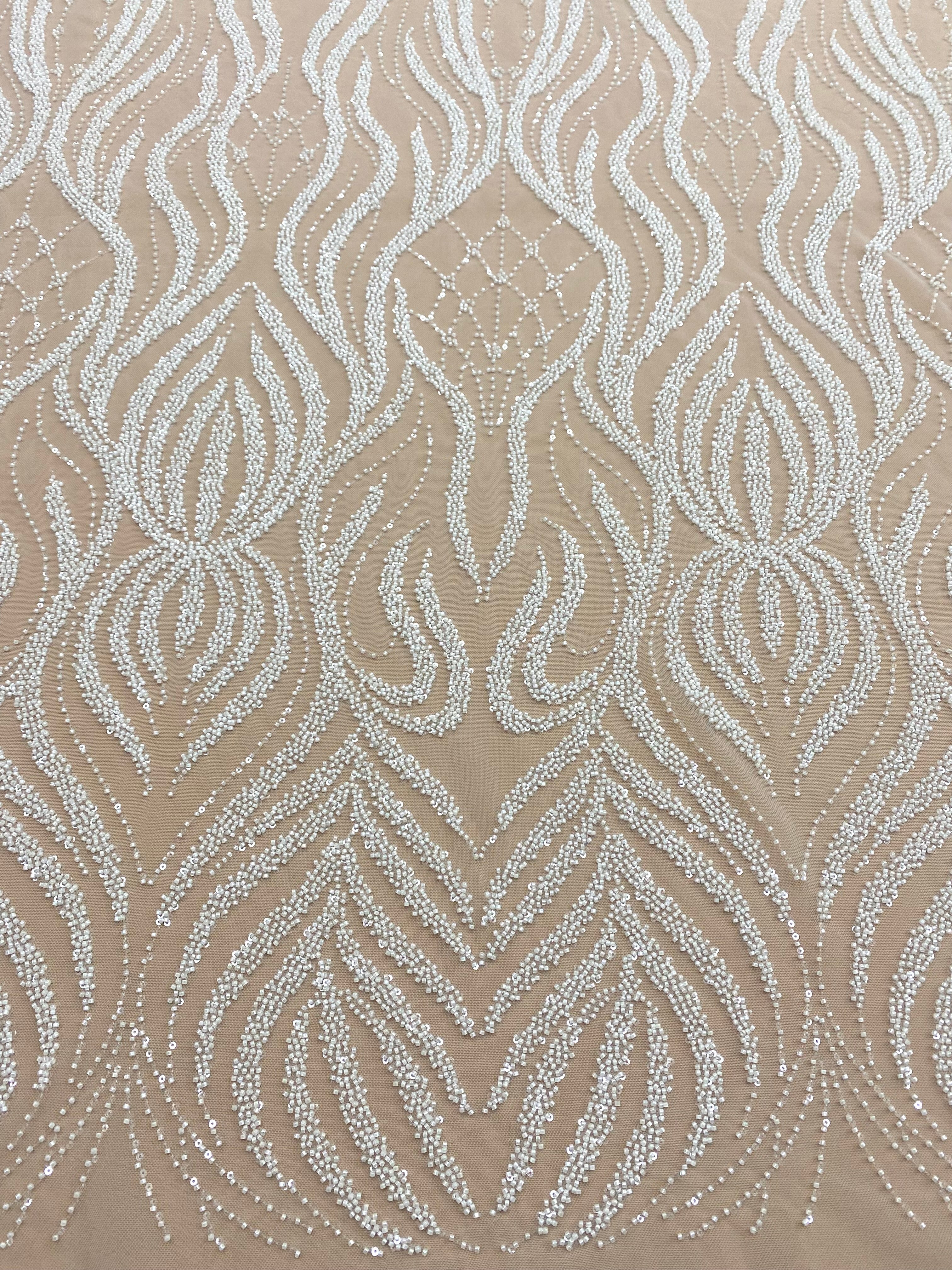 Ivory Couture Lace with Geometric Pattern, Beads and Sequins