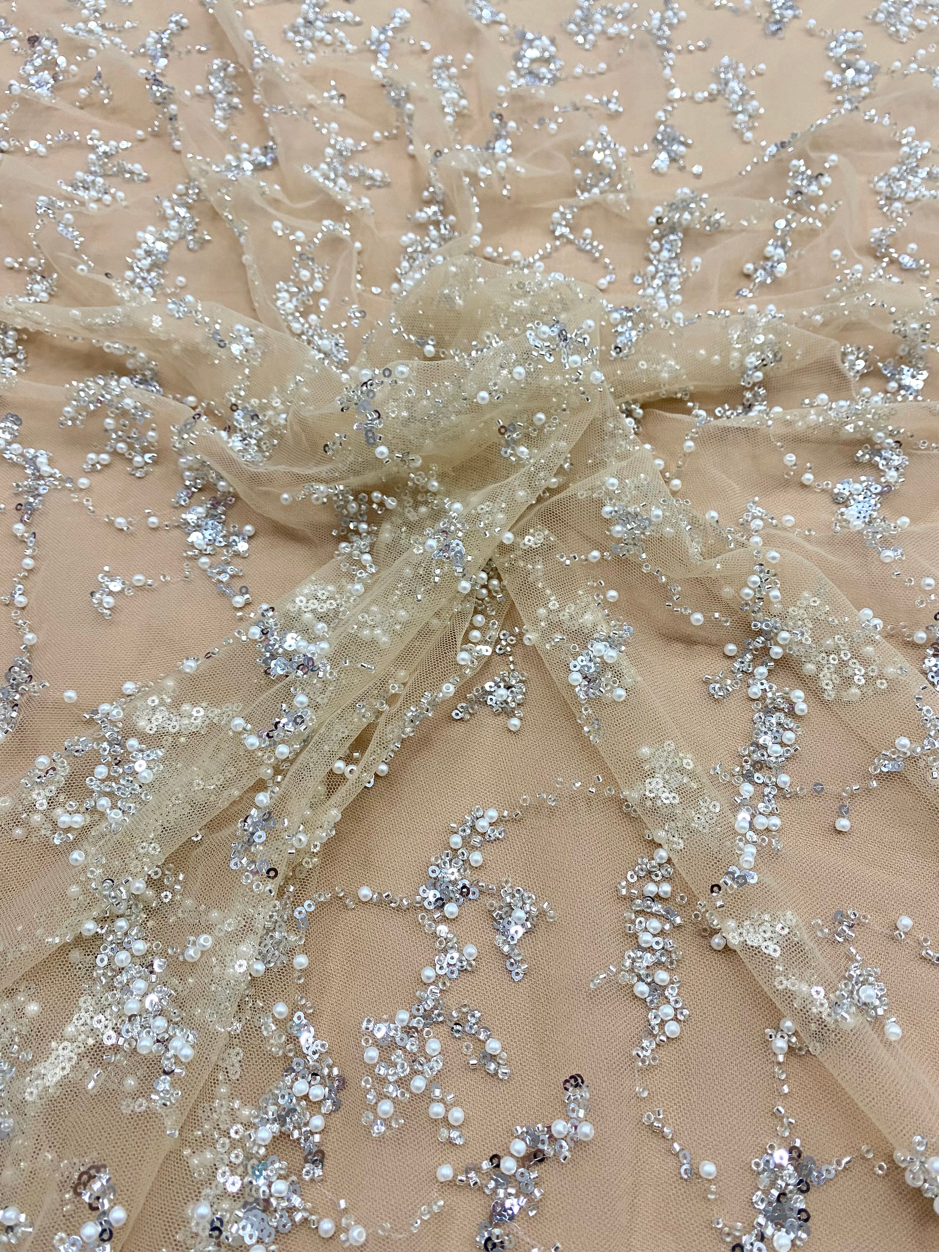 Silver Couture Lace on Nude Tulle, with Pearls, Beads and Sequins