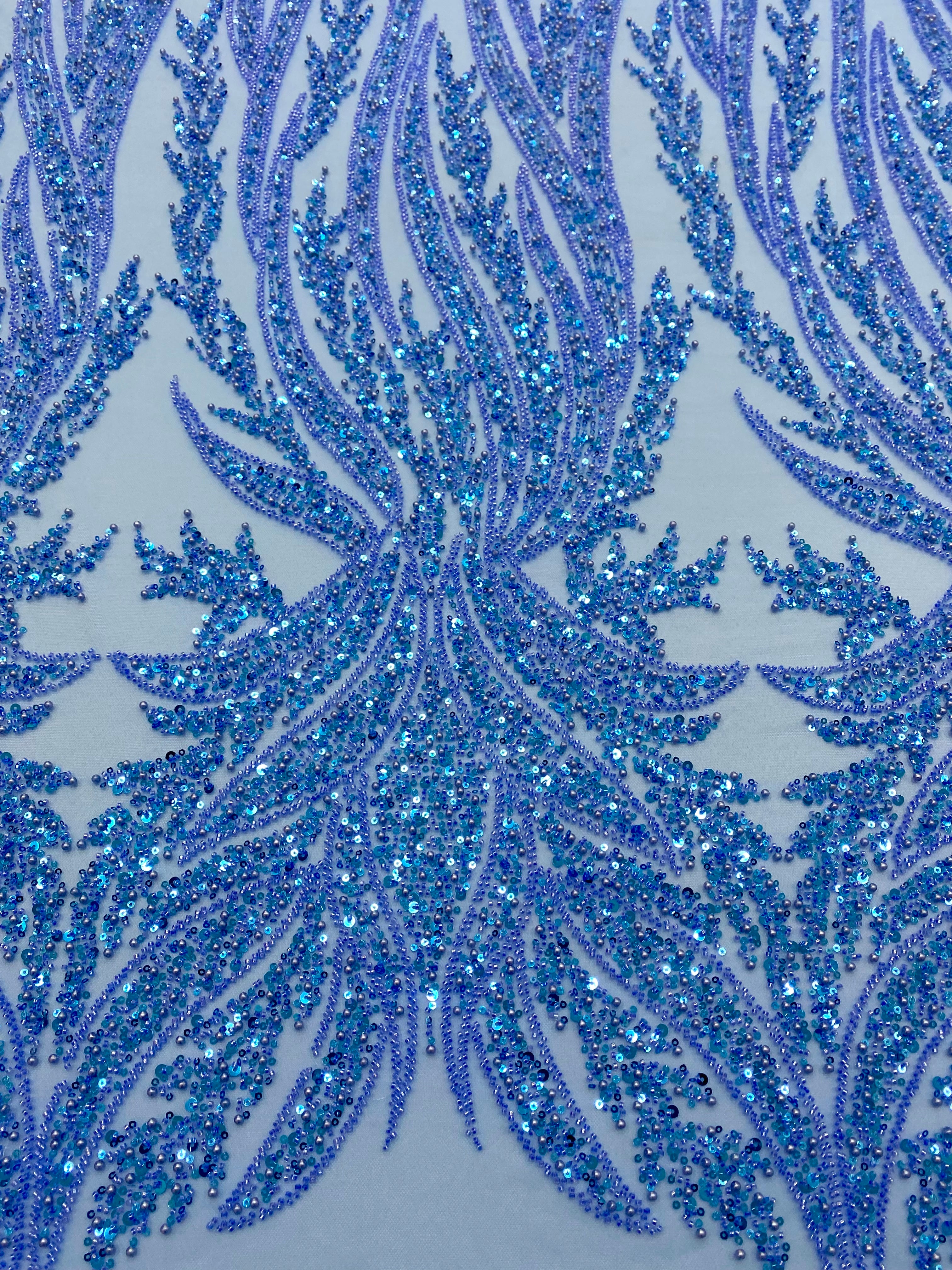 Dantela Couture Sky Blue cu Panou, cu Perle, Margele si Paiete