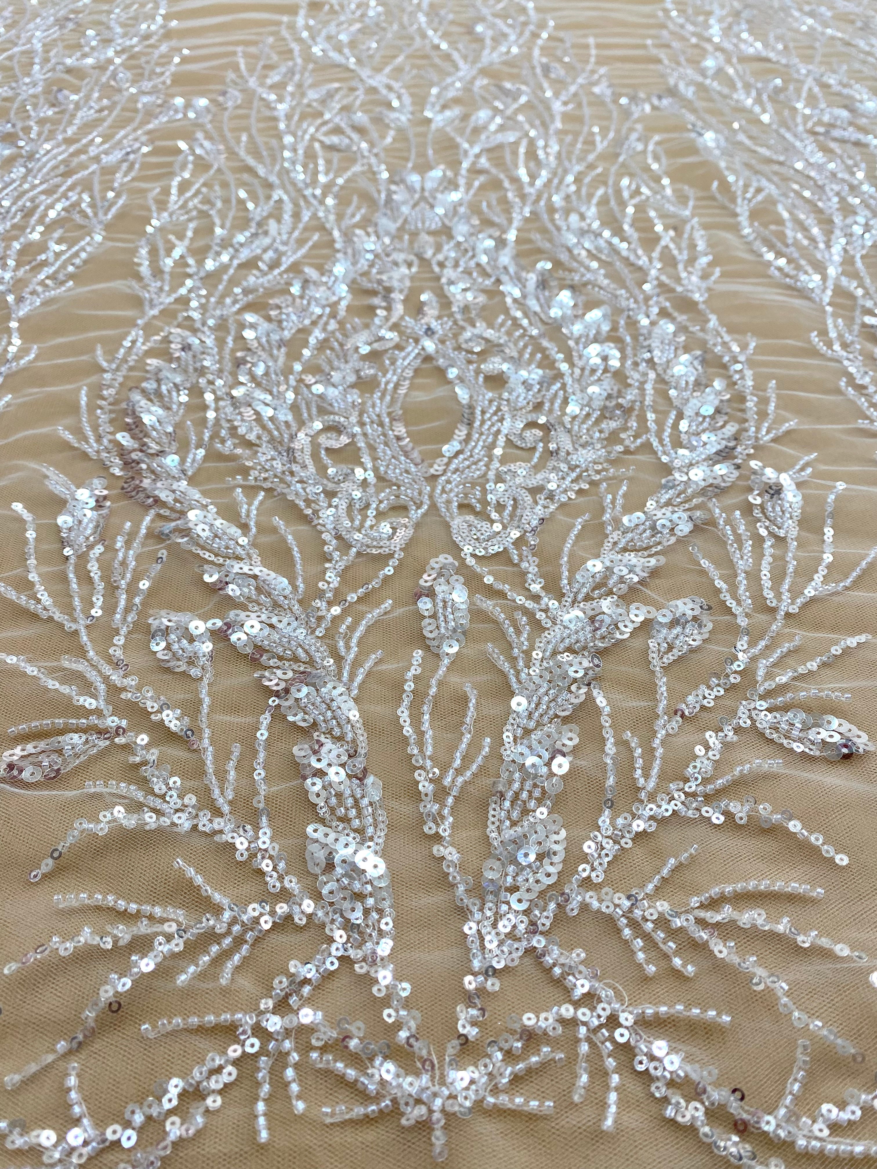 Silver Lace with Linear Pattern, with Pearls and Sequins