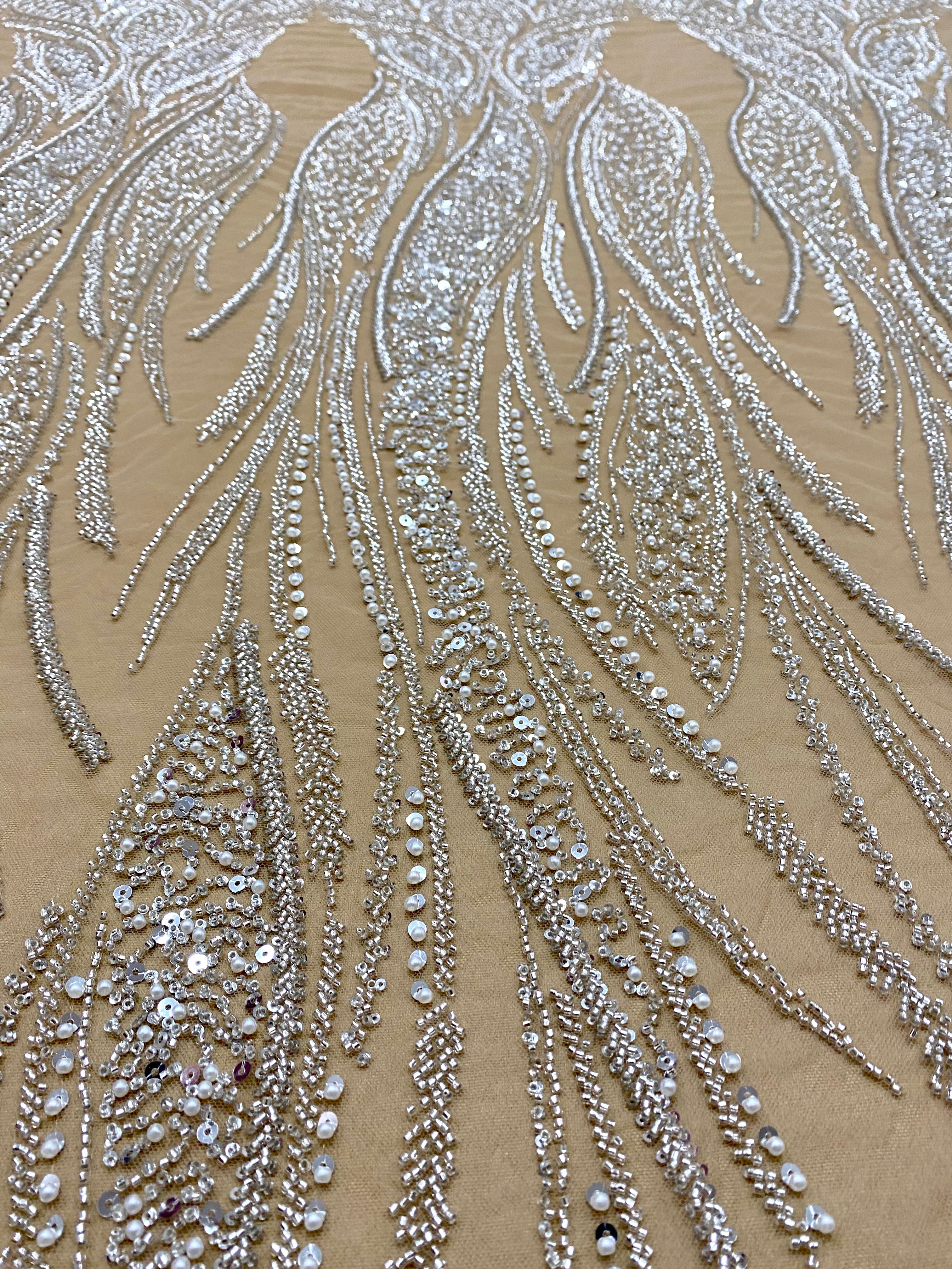 Silver Lace with Linear Pattern, with Pearls and Sequins