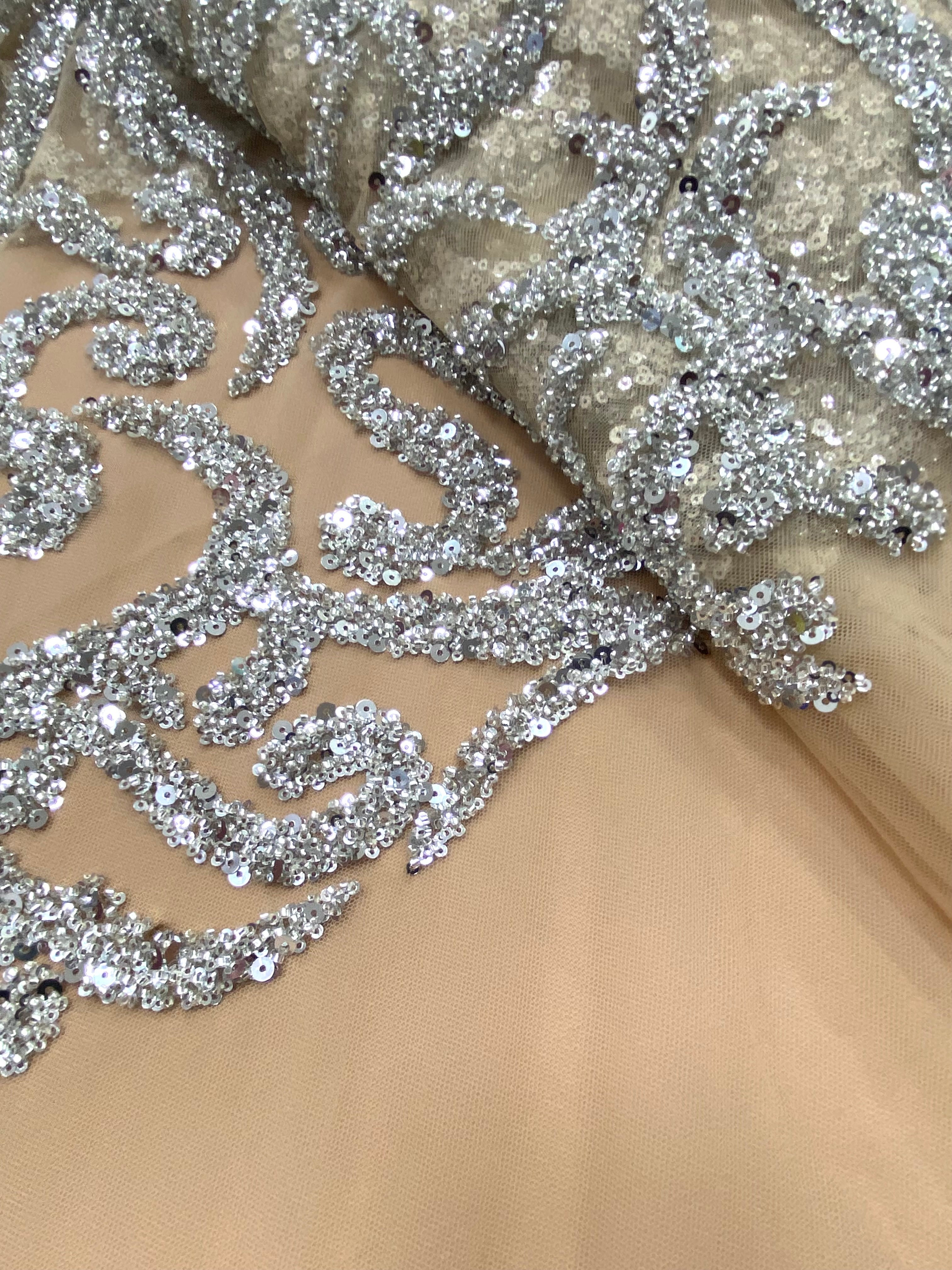 Silver Couture Lace on Nude Tulle with Beads and Sequins 
