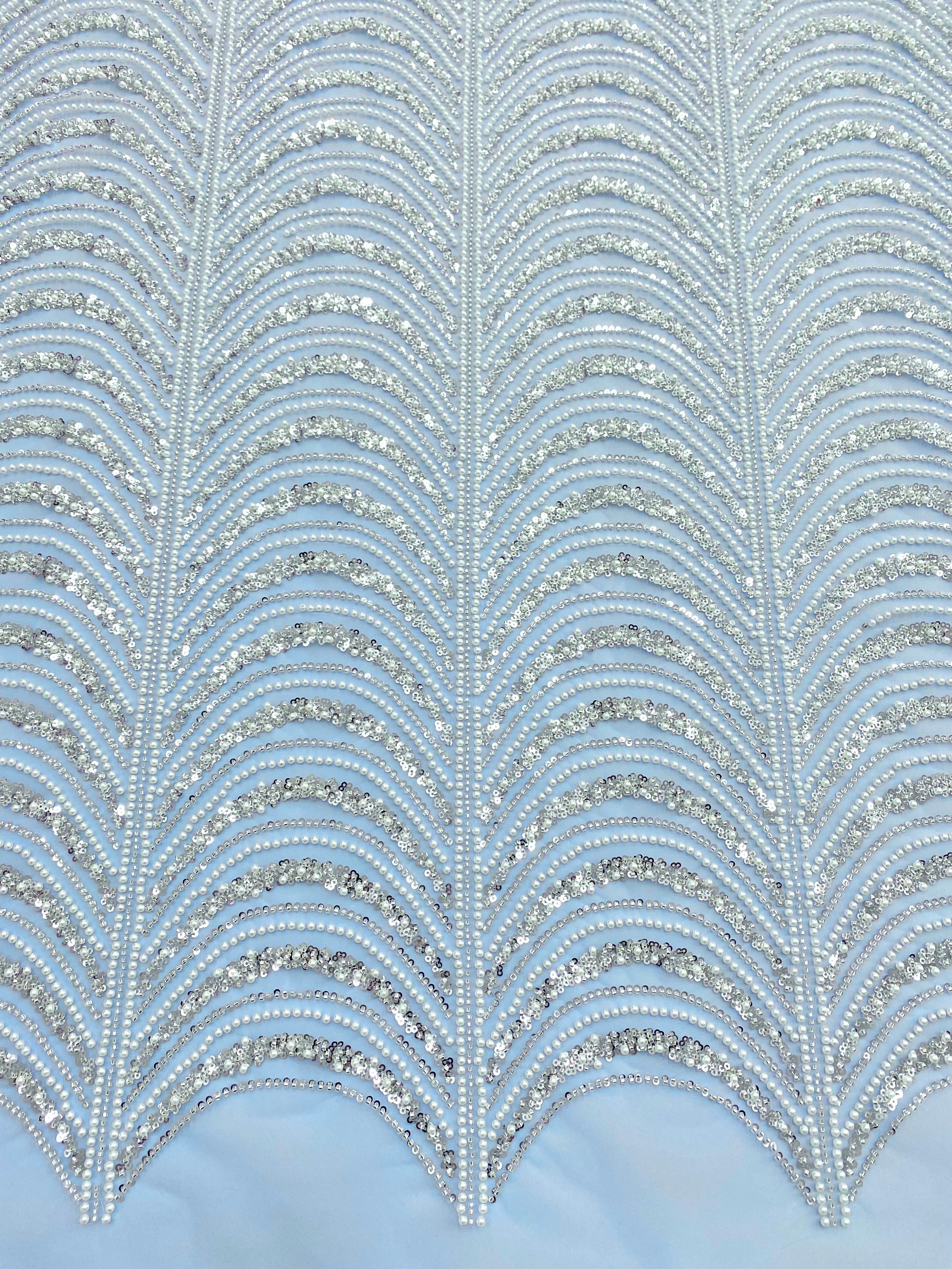 Silver Couture Lace on Blue Tulle, with Symmetrical Pattern, with Beads and Sequins 