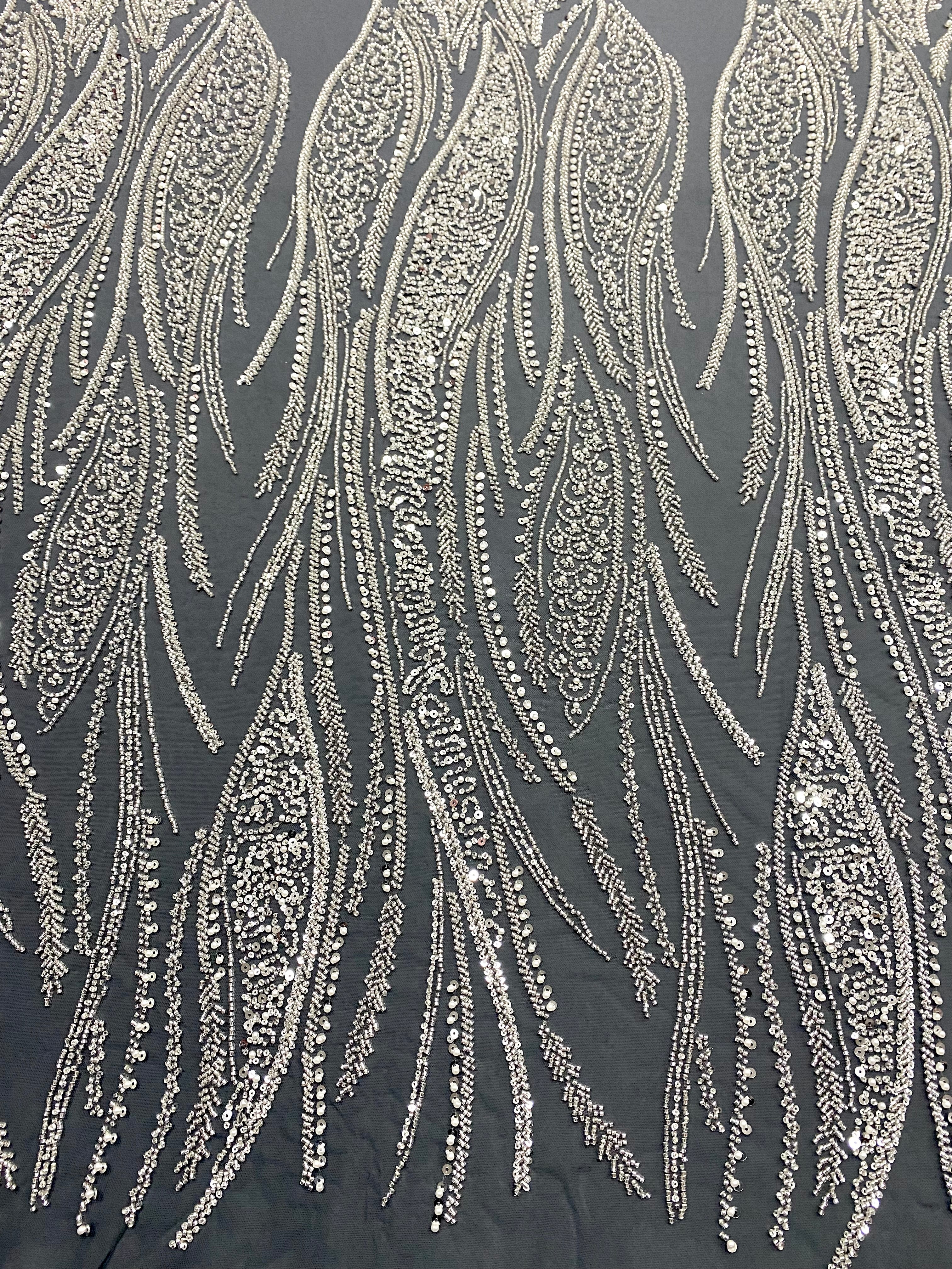 Silver Couture Lace on Anthracite Tulle with Panel, with Pearls, Beads and Sequins