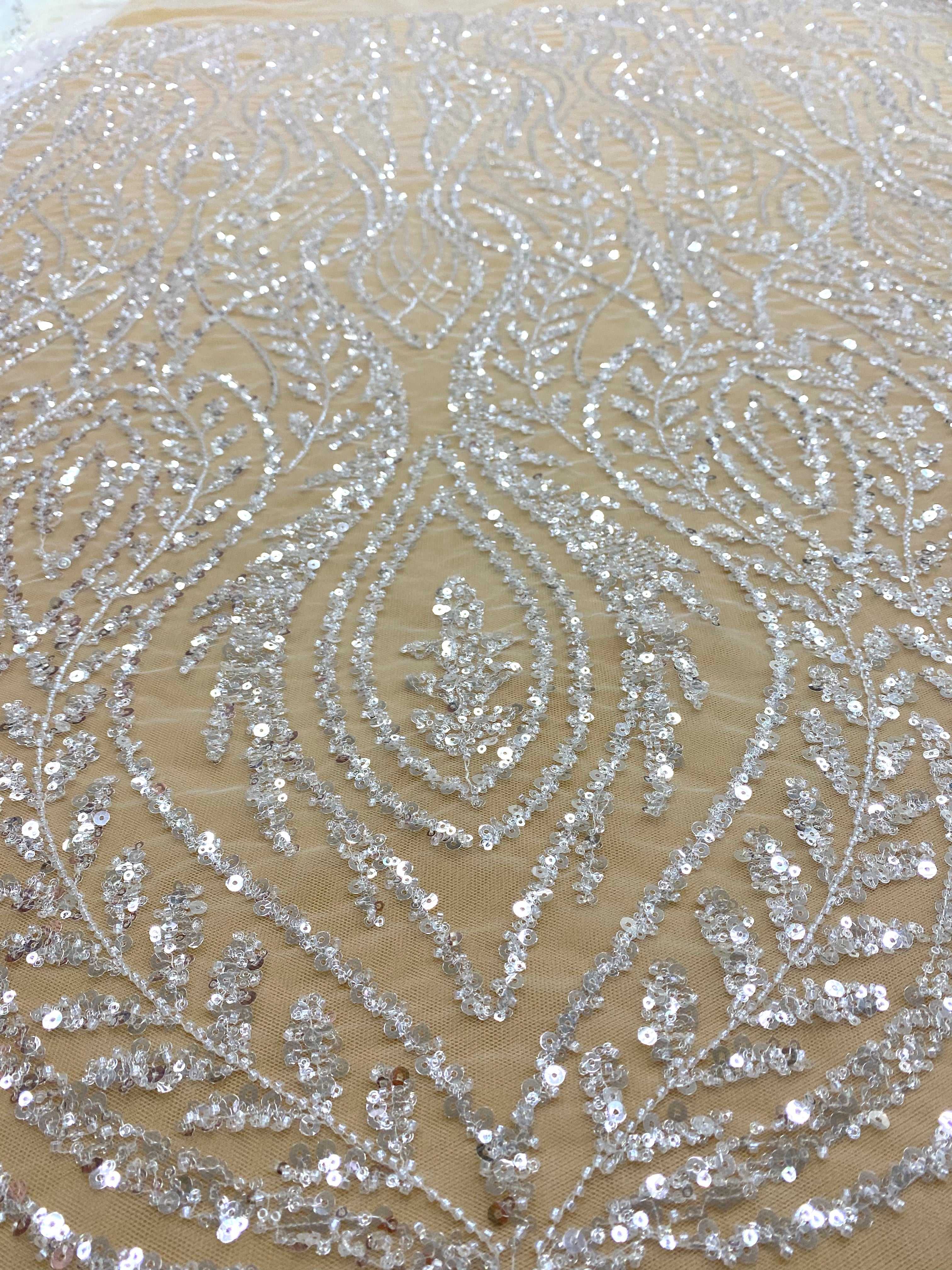 Silver Lace with Linear Pattern, with Pearls and Sequins