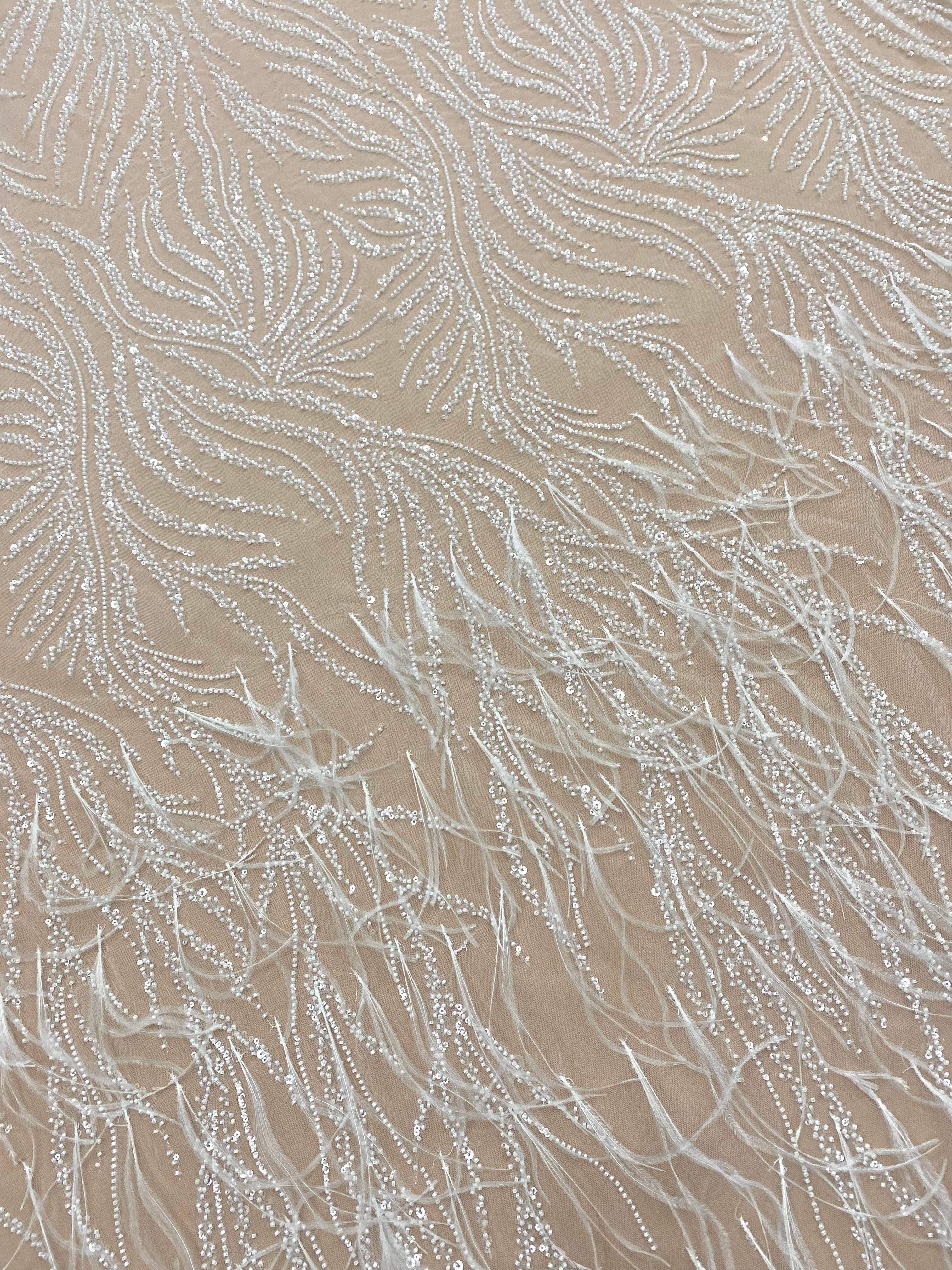 Ivory Couture Lace with Ostrich Feathers, Strings, Beads and Sequins