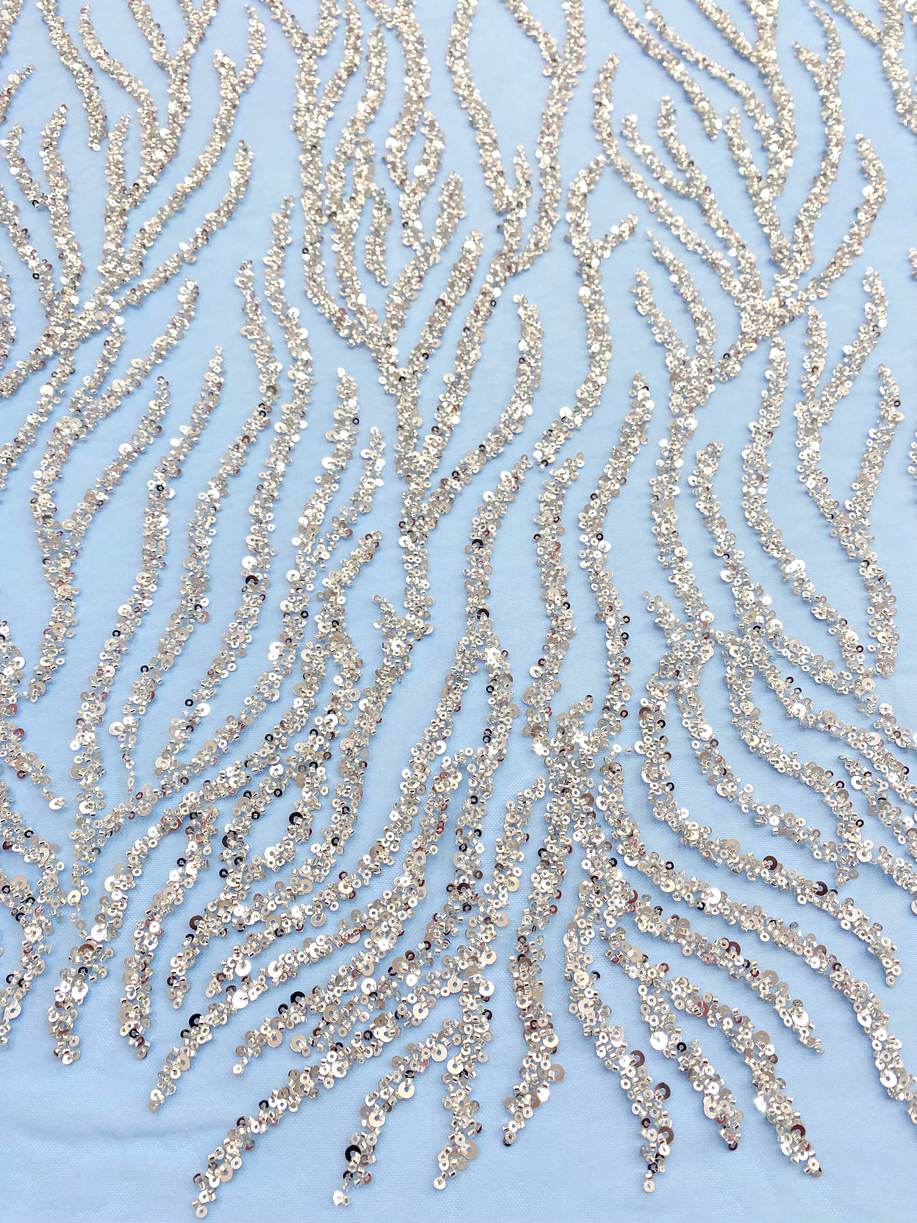 Silver Couture Lace on Blue Tulle, with Symmetrical Pattern, with Beads and Sequins 