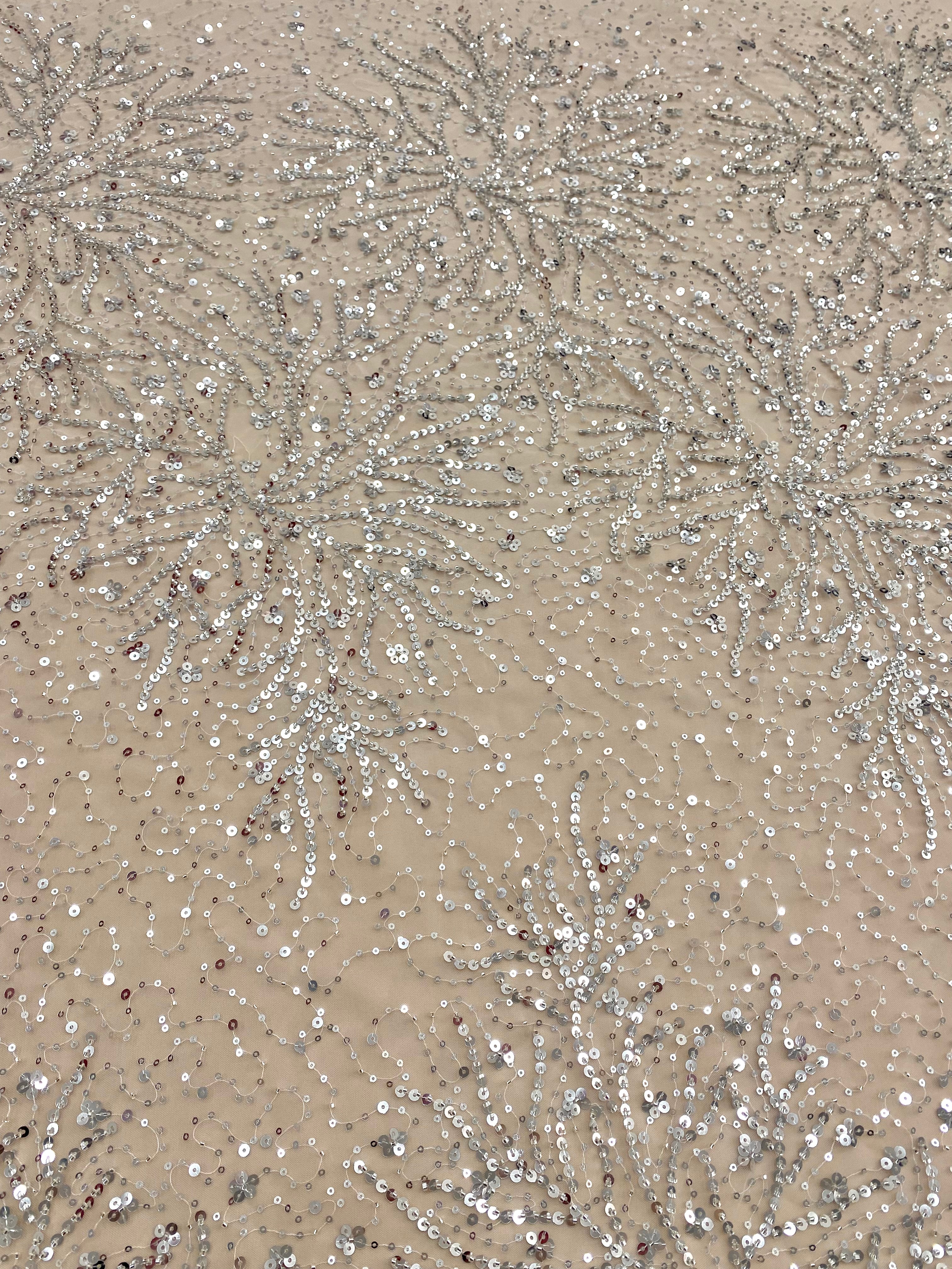 Silver Lace with Nude Tulle with Linear Pattern, Beads and Sequins