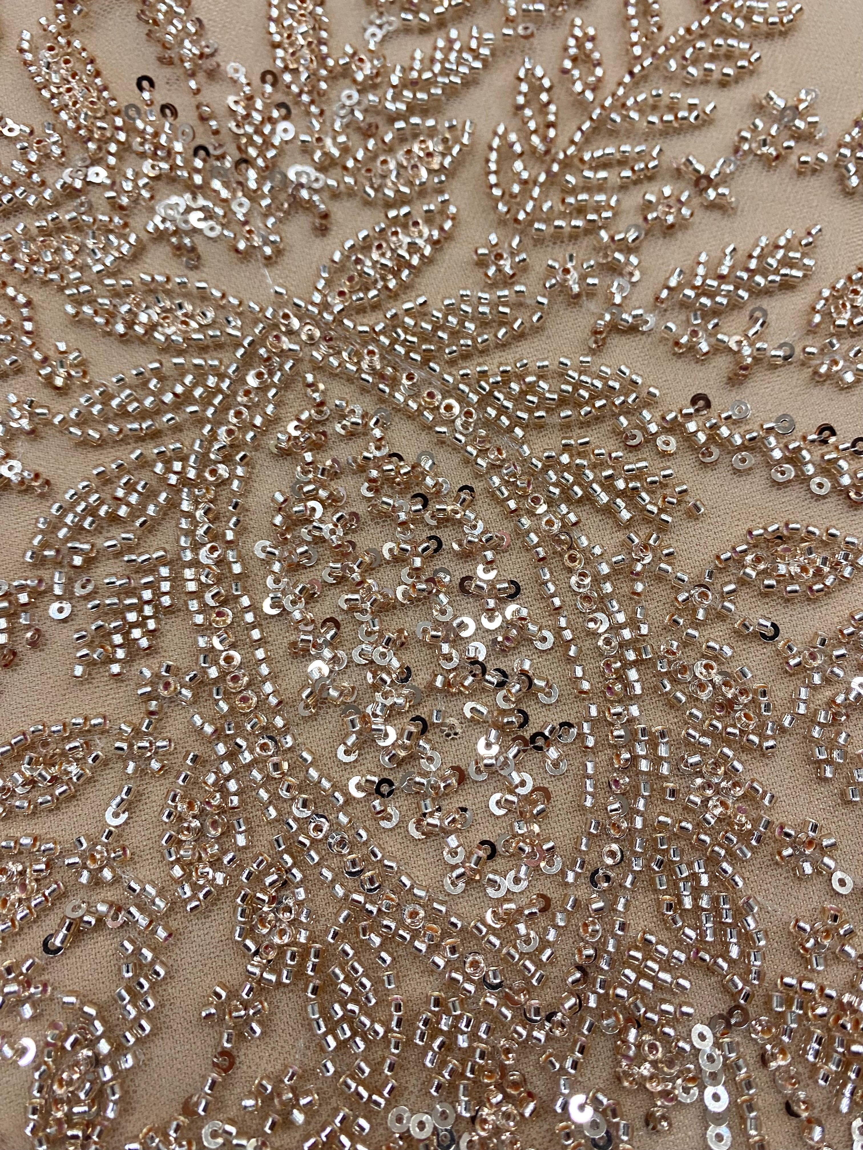Rose Gold Couture Lace with Symmetrical Pattern, with Beads and Sequins 