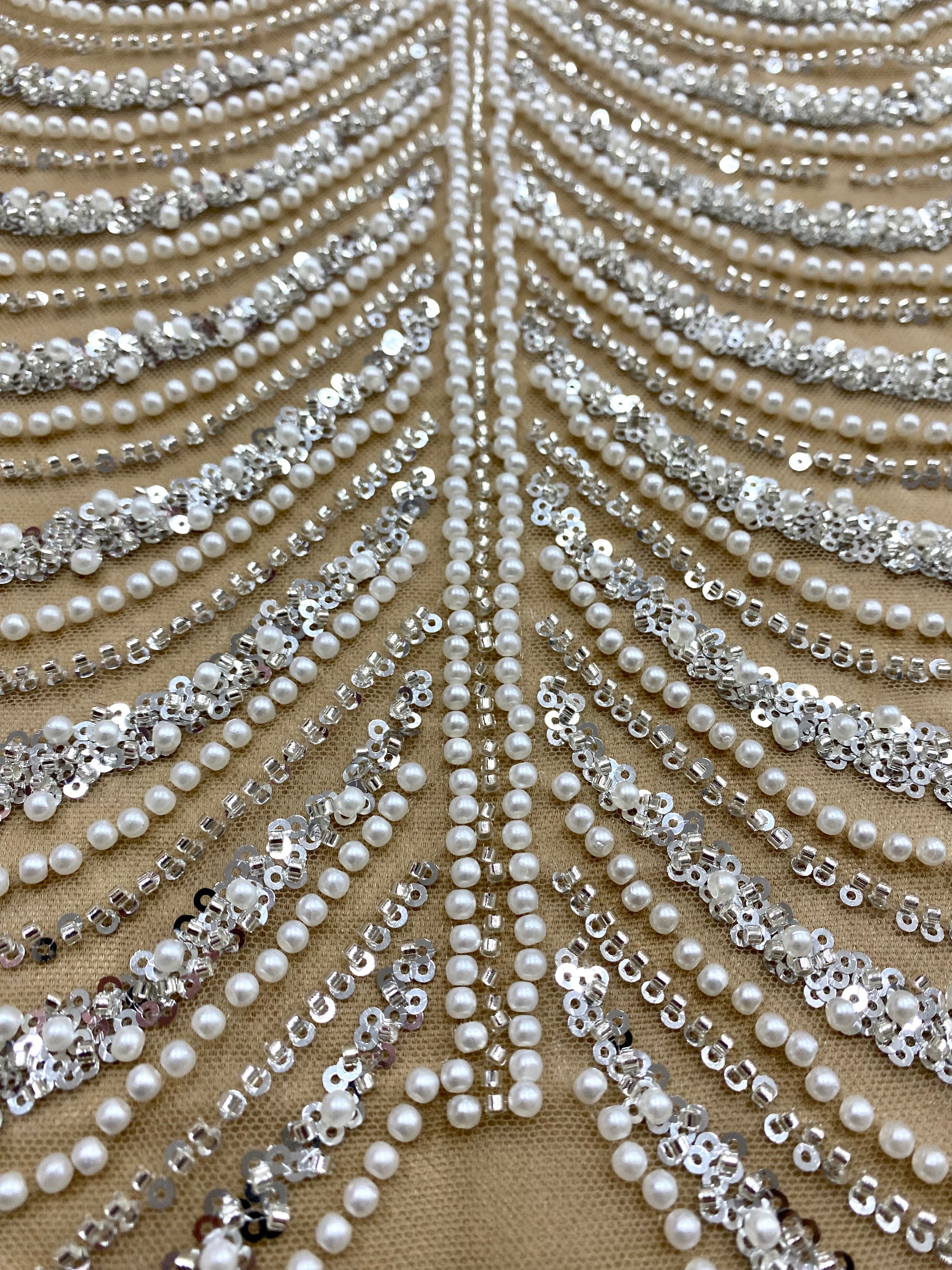 Silver Lace with Linear Pattern, with Pearls and Sequins
