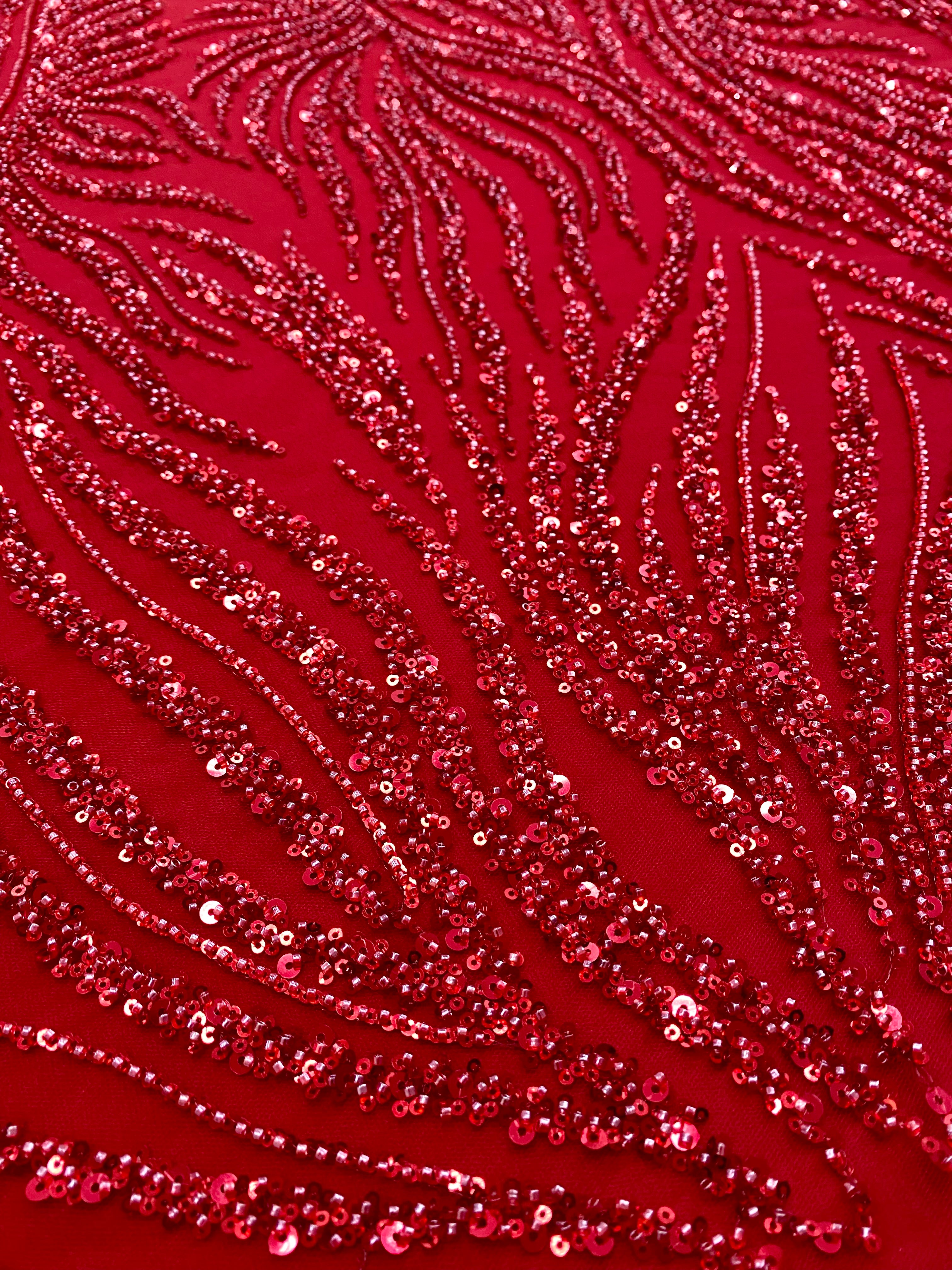 Red Couture Lace with Strings, Beads and Sequins