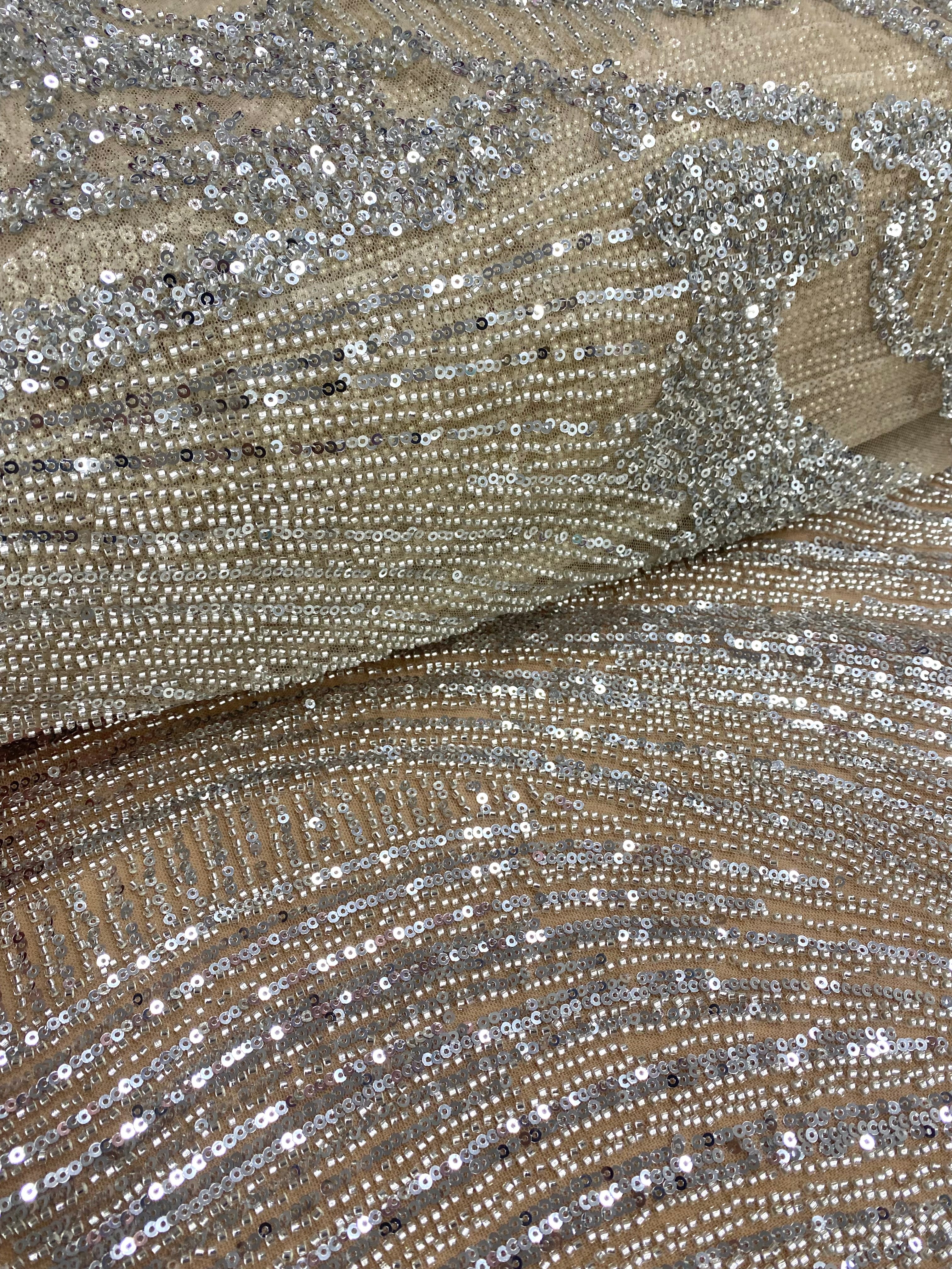 Silver Couture Lace on Nude Tulle with Geometric Pattern, Beads and Sequins