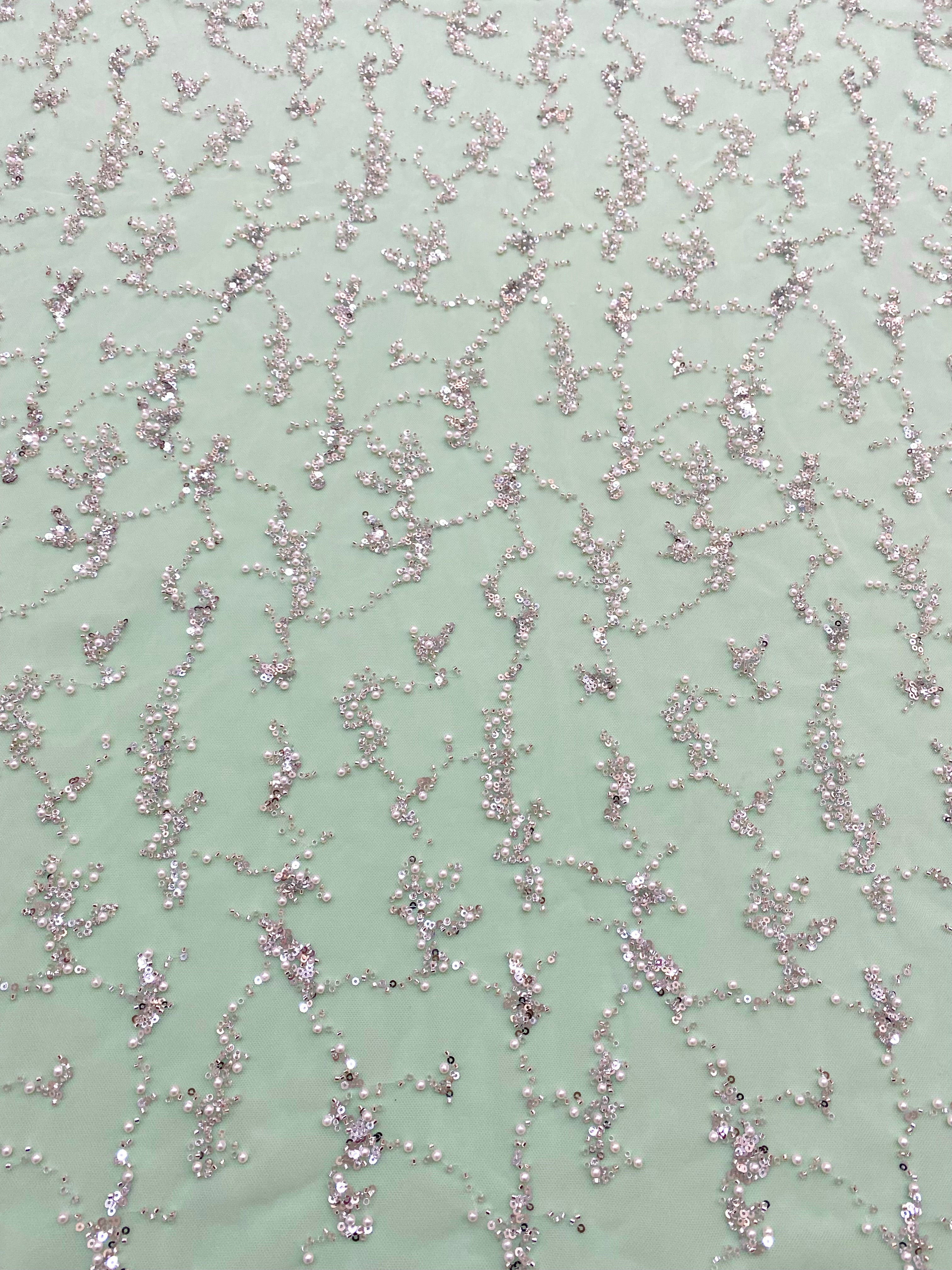 Silver Couture Lace on Mint Green Tulle with Pearls, Beads and Sequins