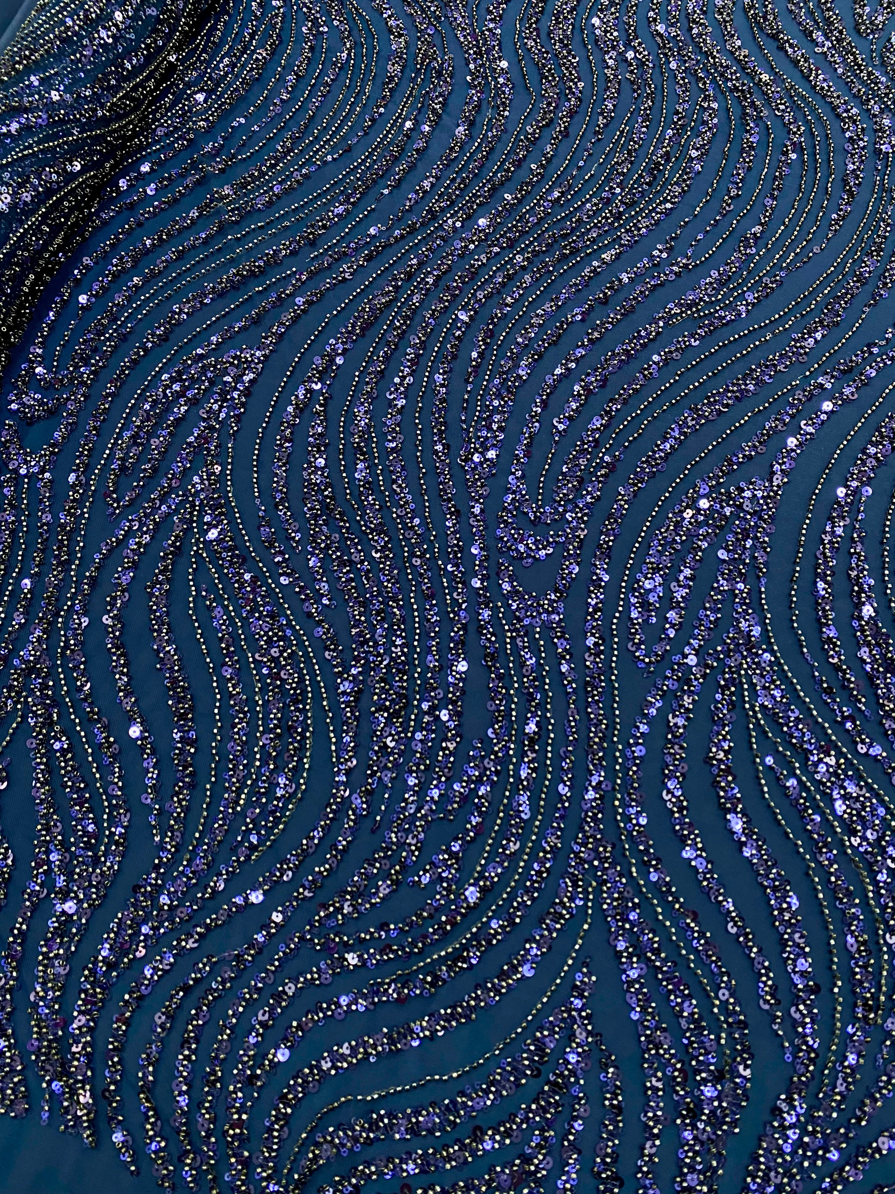 Navy Blue Couture Lace with Linear Pattern, Beads and Sequins