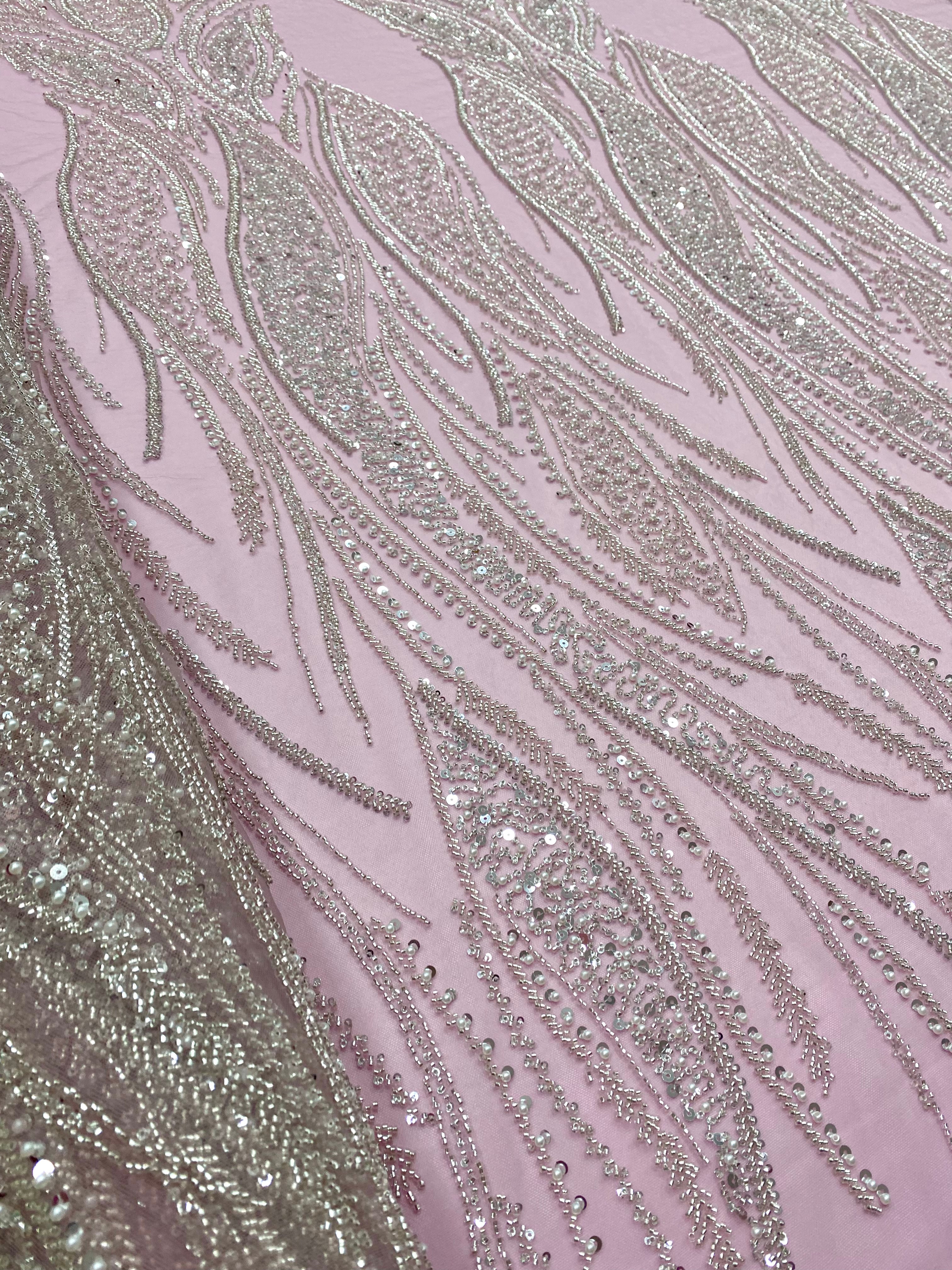 Silver Lace with Linear Pattern, with Pearls and Sequins